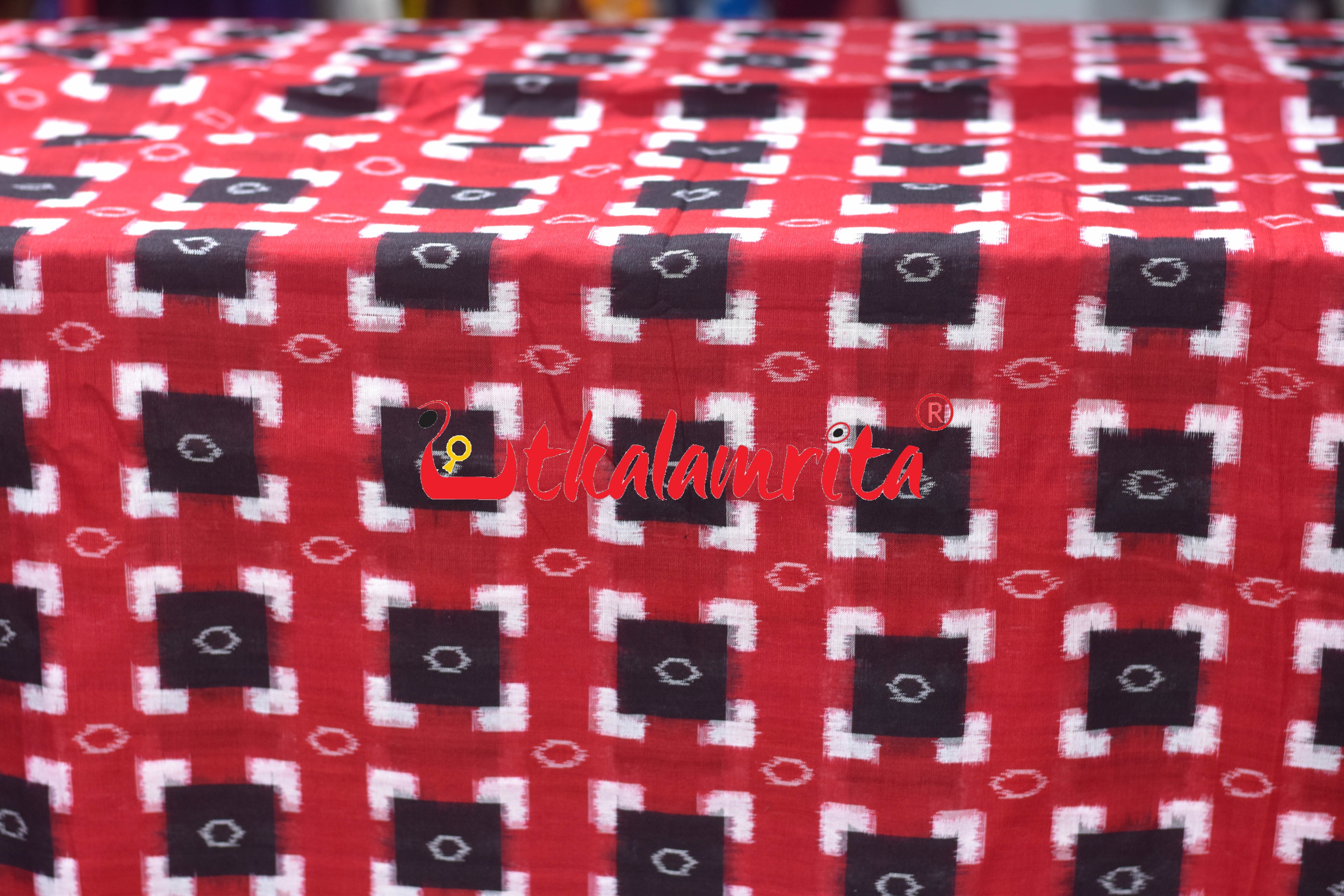 Black Squares on Red Sambalpuri Pasapali Cotton (Fabric)