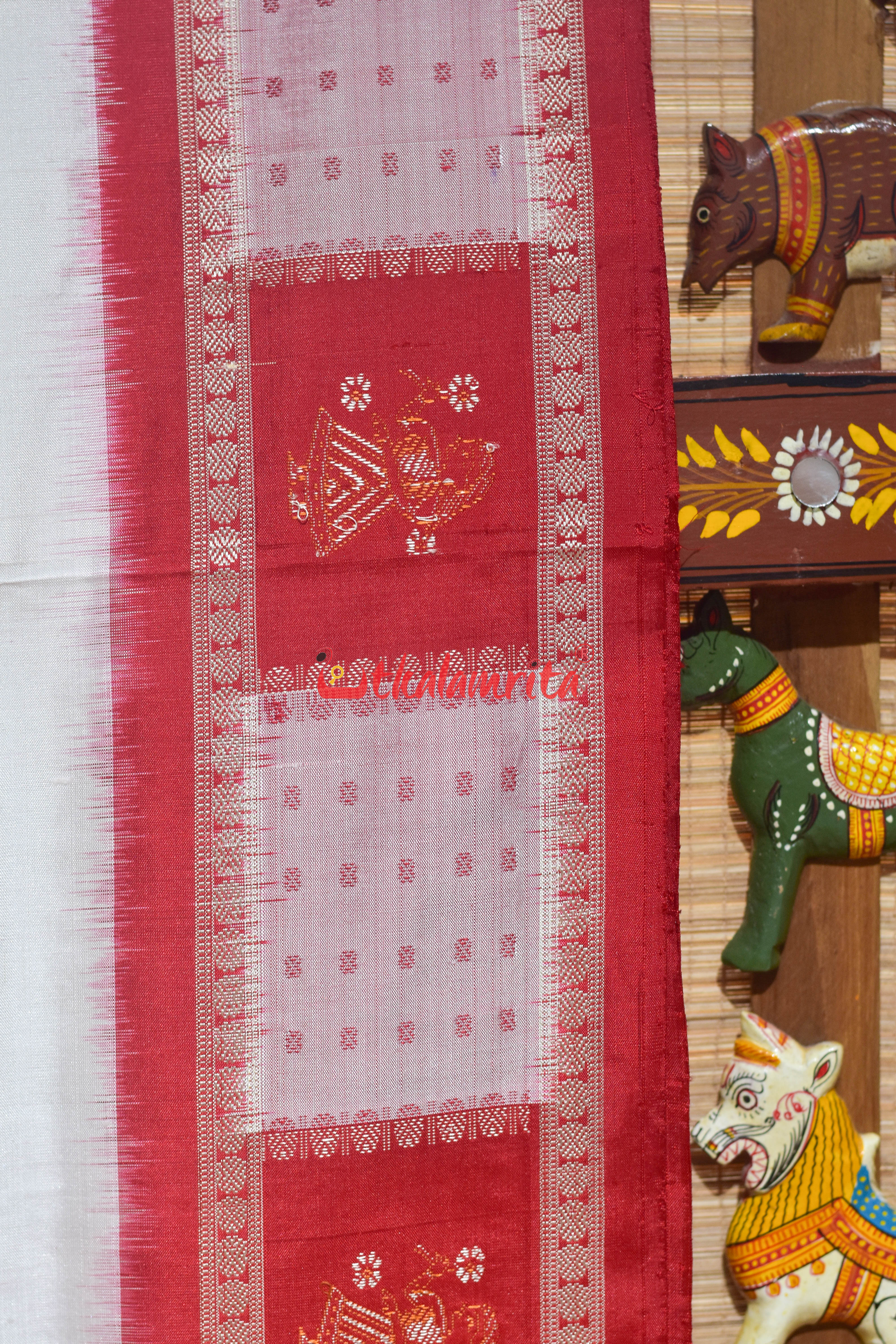 White Red with Doll Border Bomkai Silk Saree