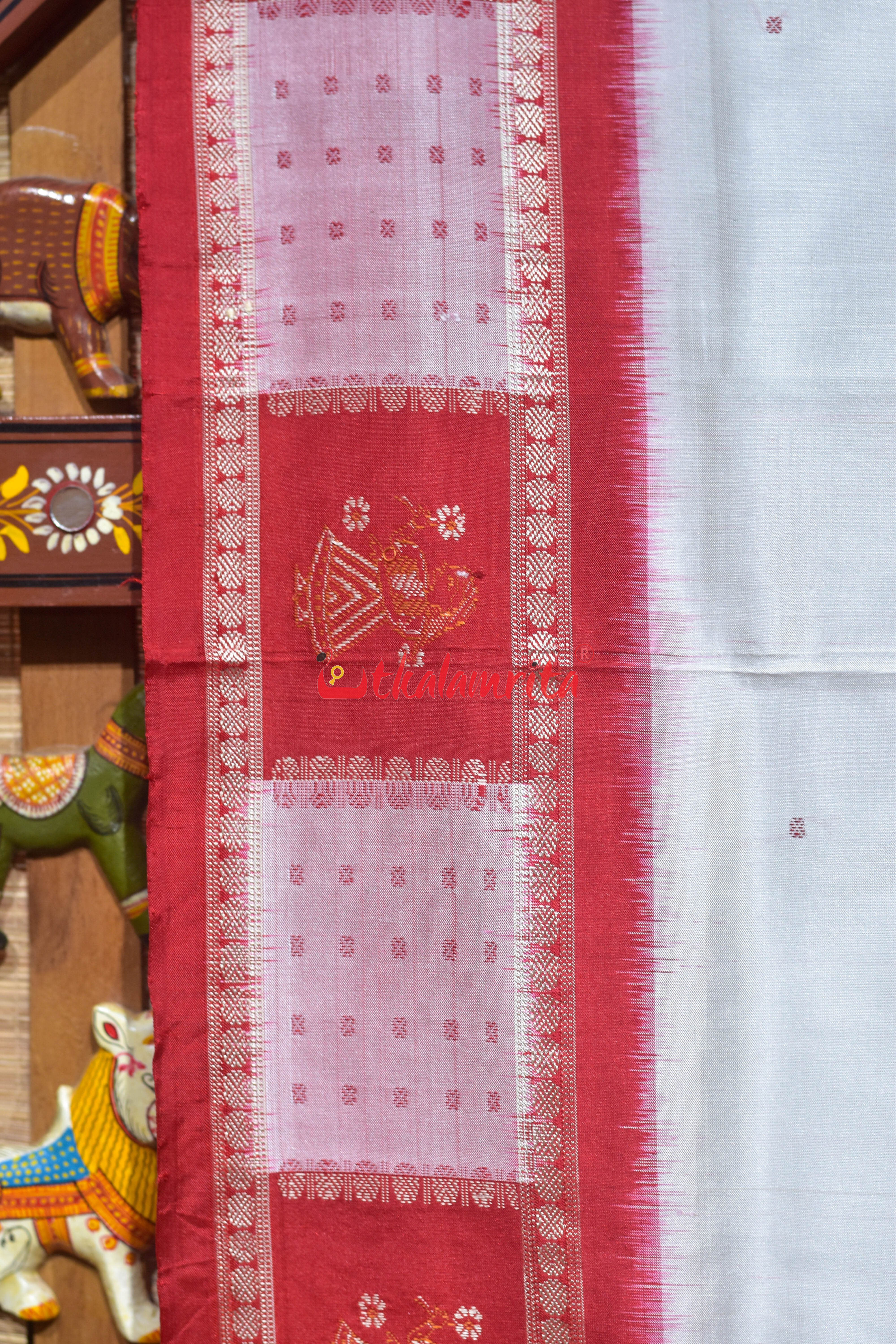 White Red with Doll Border Bomkai Silk Saree