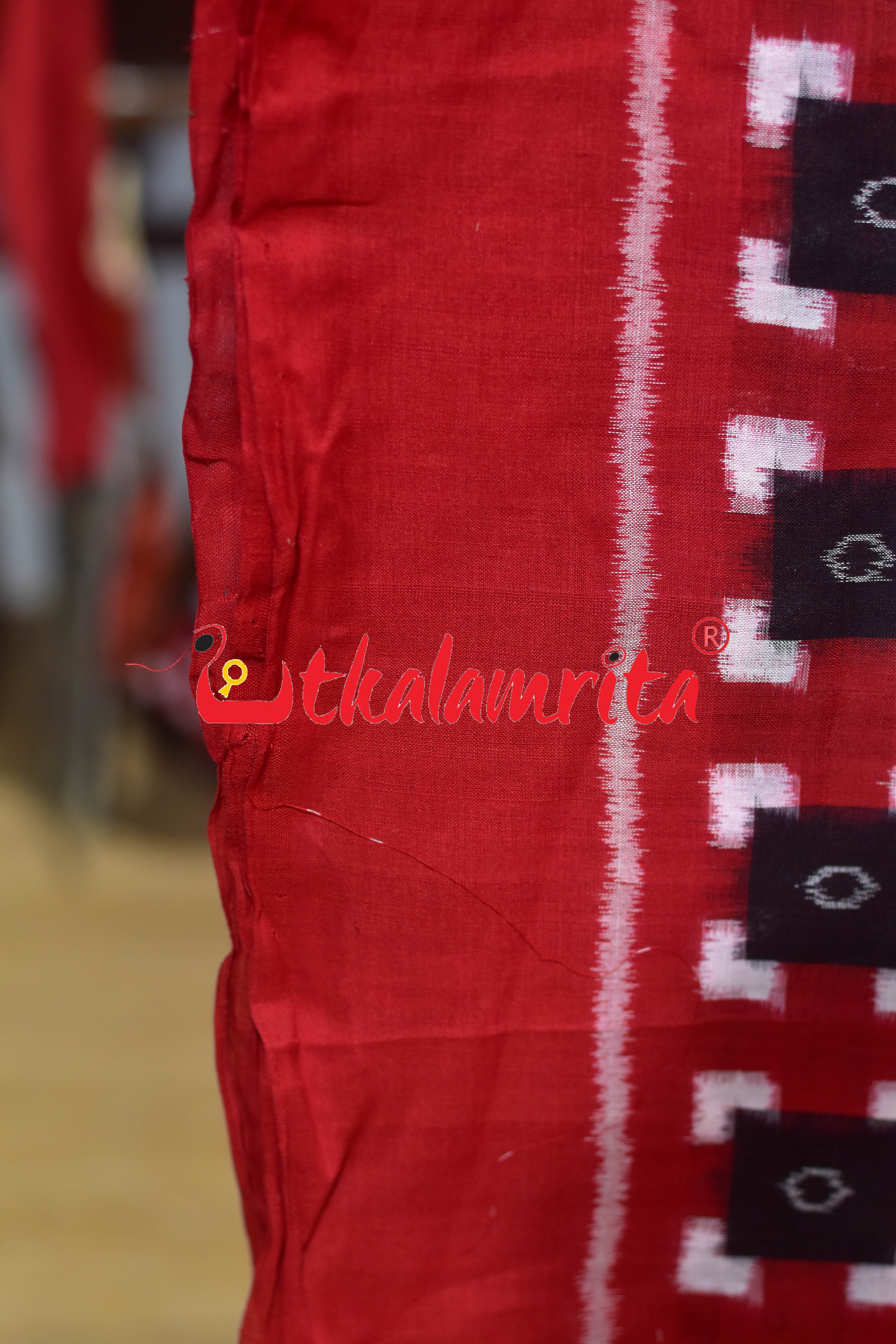 Black Squares on Red Sambalpuri Pasapali Cotton (Fabric)
