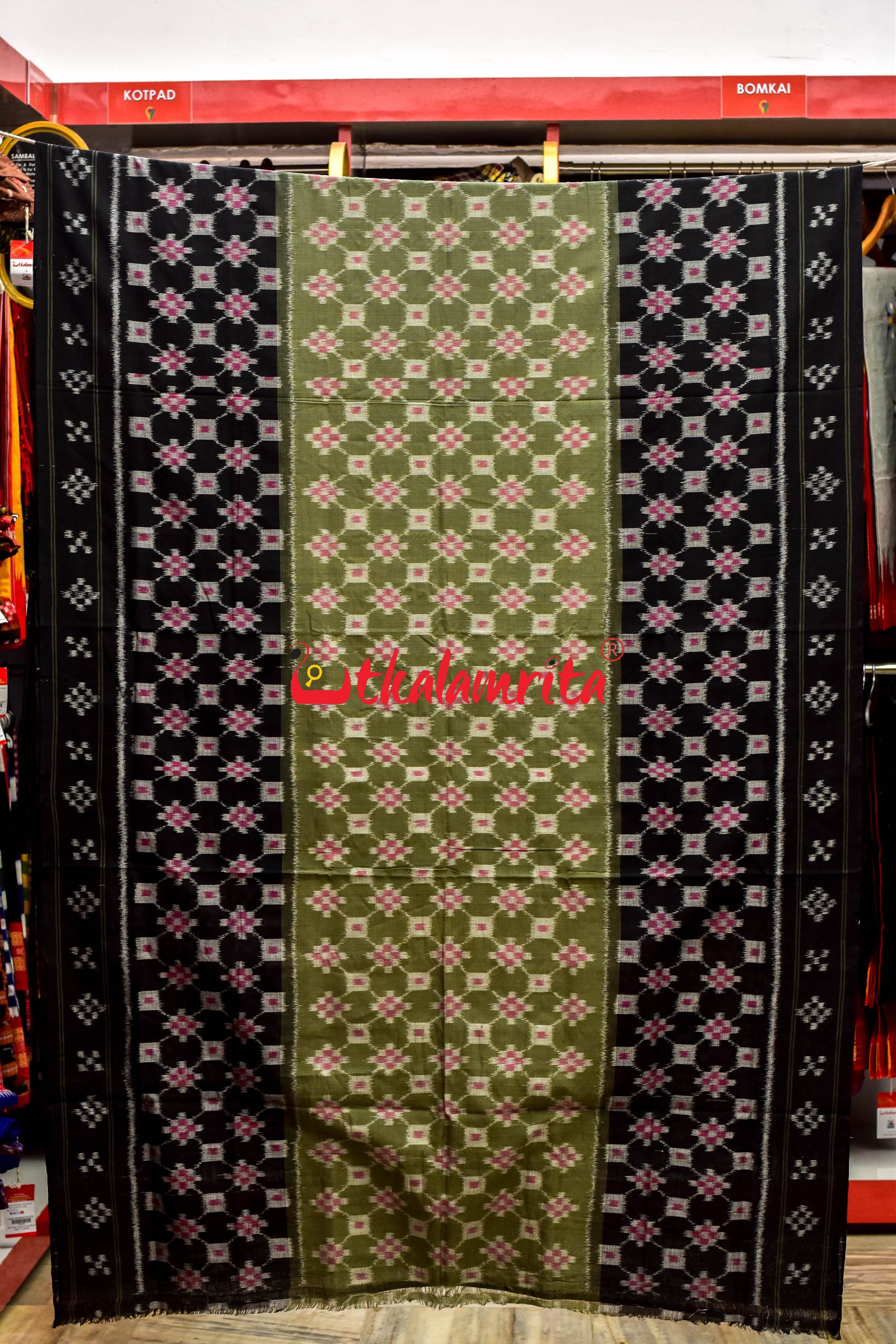 Olive Black Full Body Chain Khandua Cotton Saree