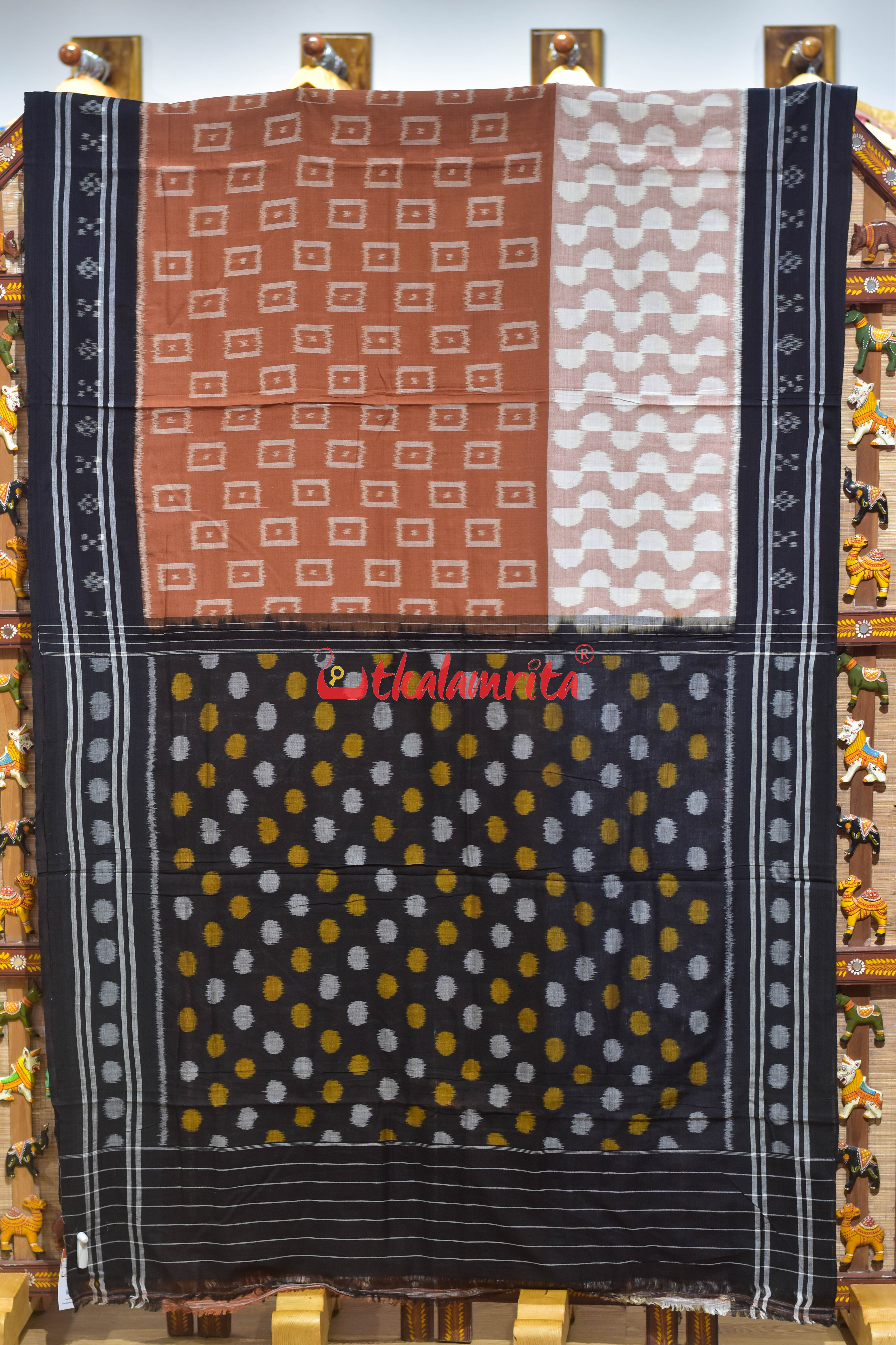 Half half Brown Peach Khandua Cotton Saree