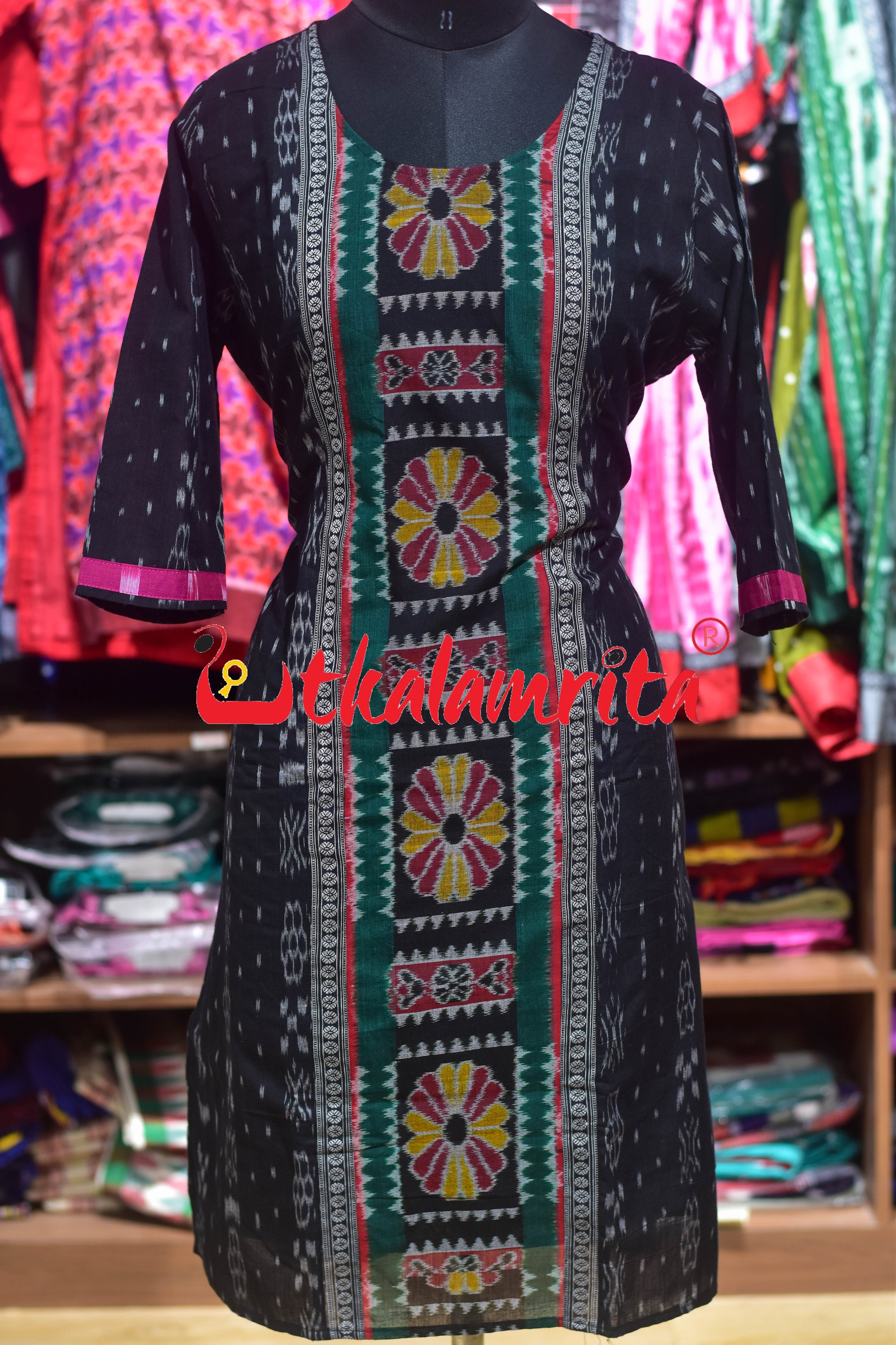 Black Ikat Middle Flowers (Ladies' Kurti)