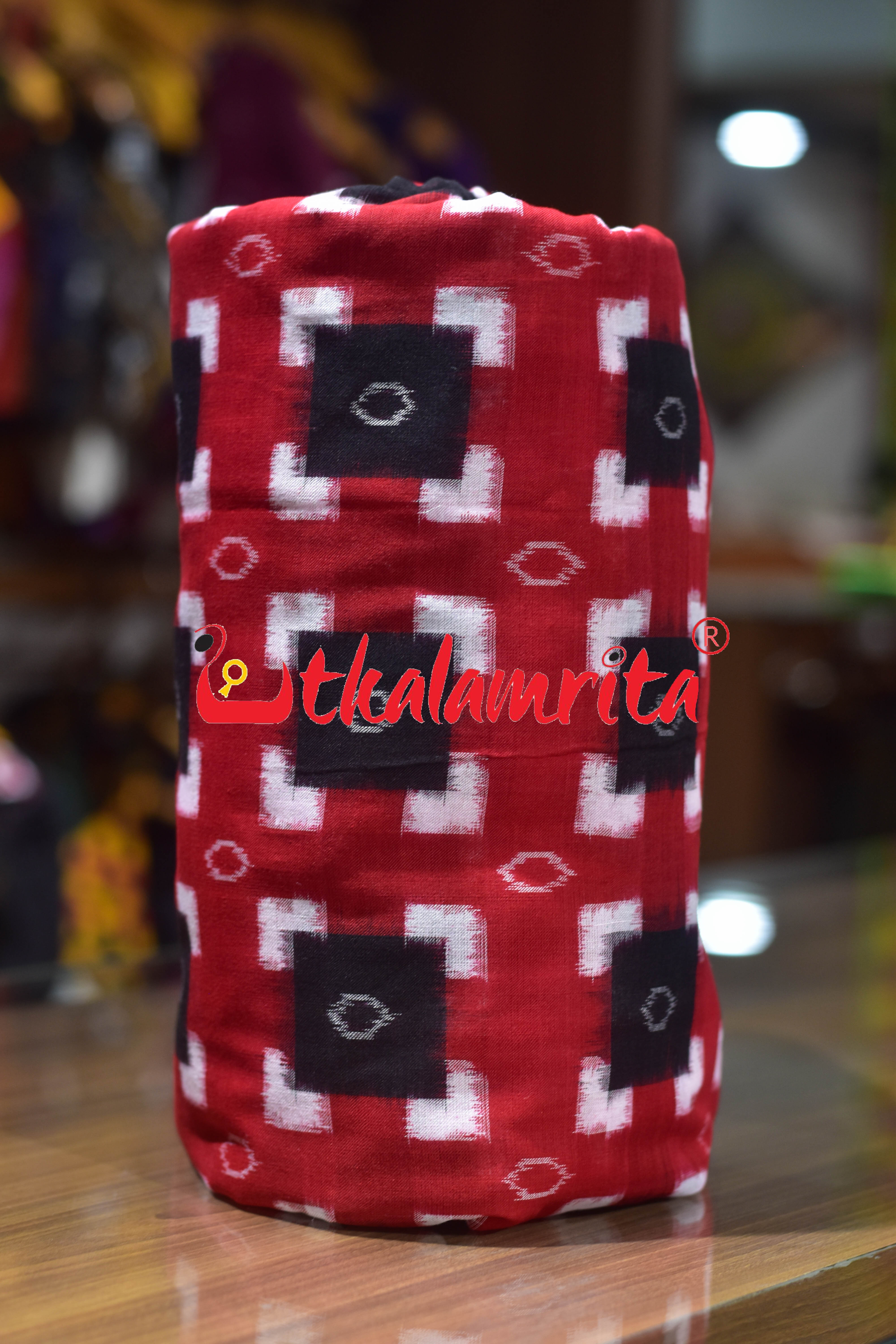 Black Squares on Red Sambalpuri Pasapali Cotton (Fabric)