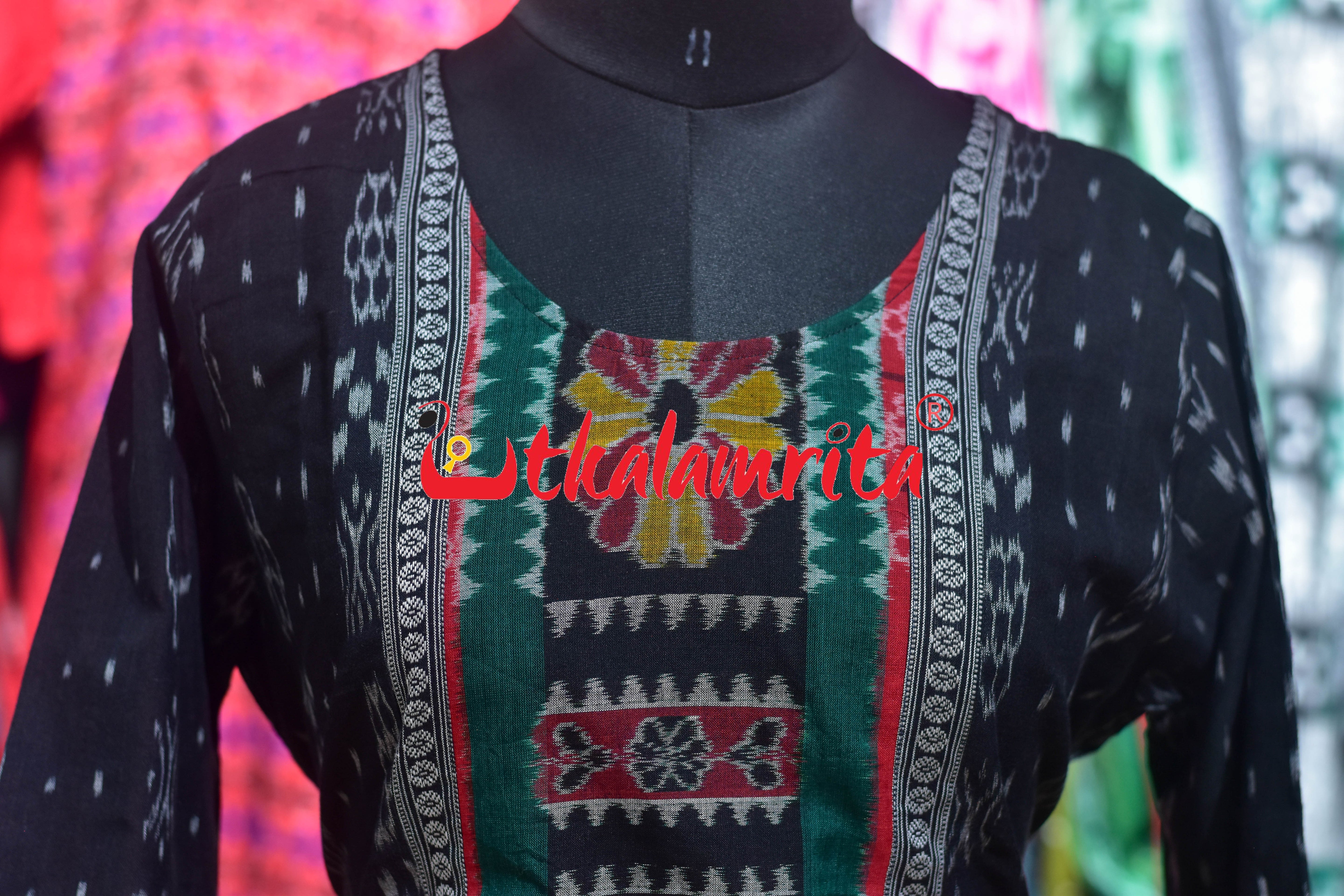 Black Ikat Middle Flowers (Ladies' Kurti)