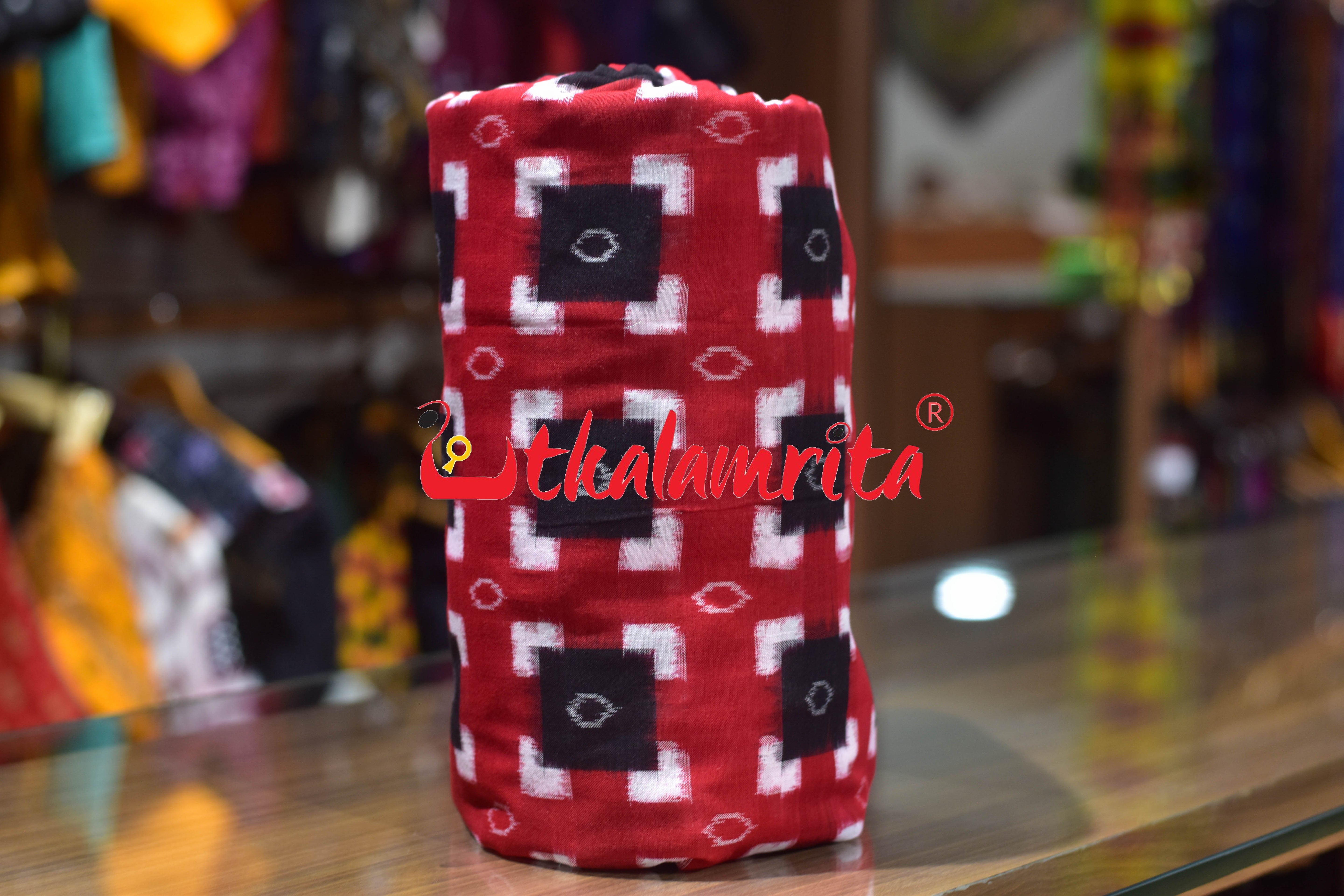 Black Squares on Red Sambalpuri Pasapali Cotton (Fabric)