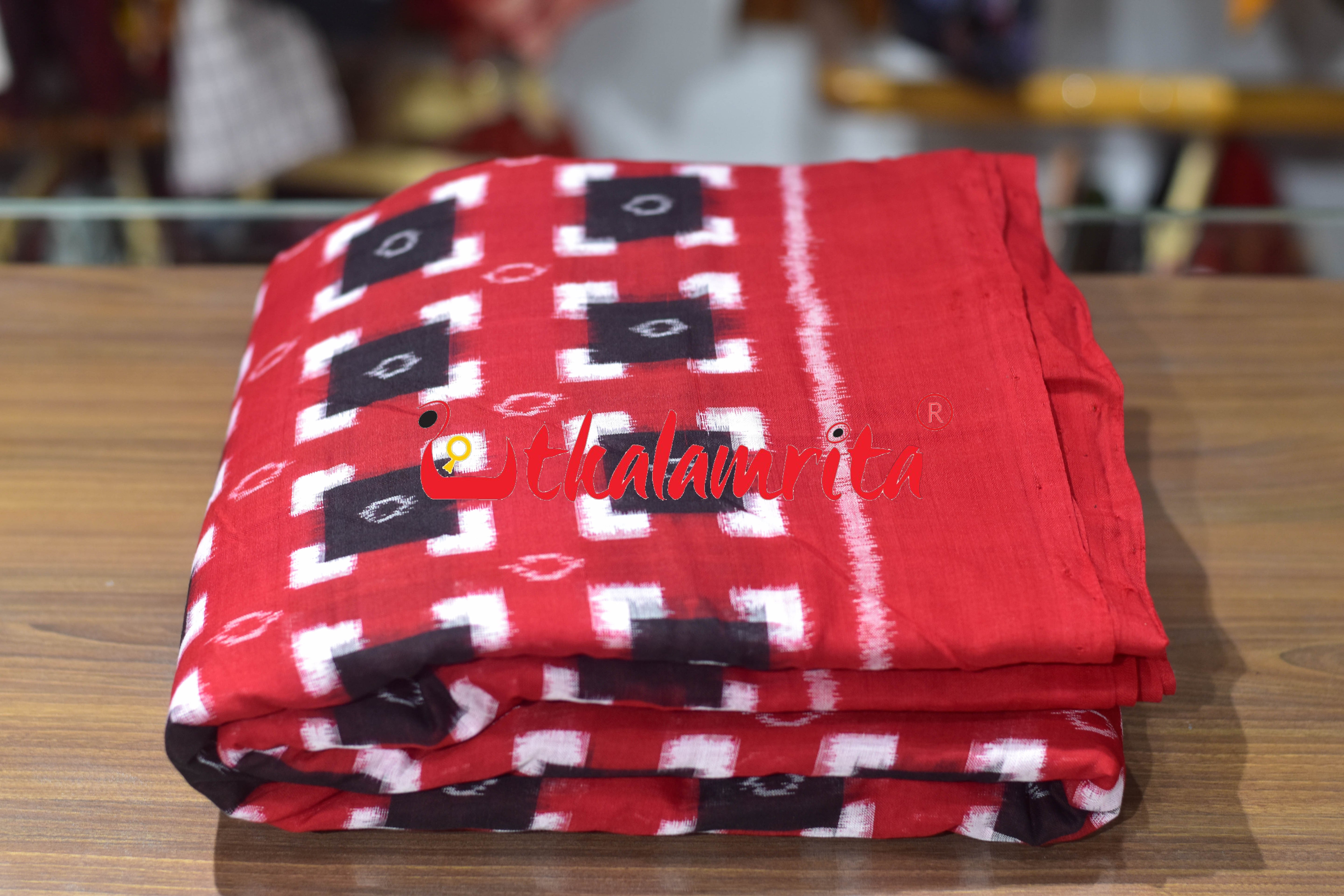Black Squares on Red Sambalpuri Pasapali Cotton (Fabric)