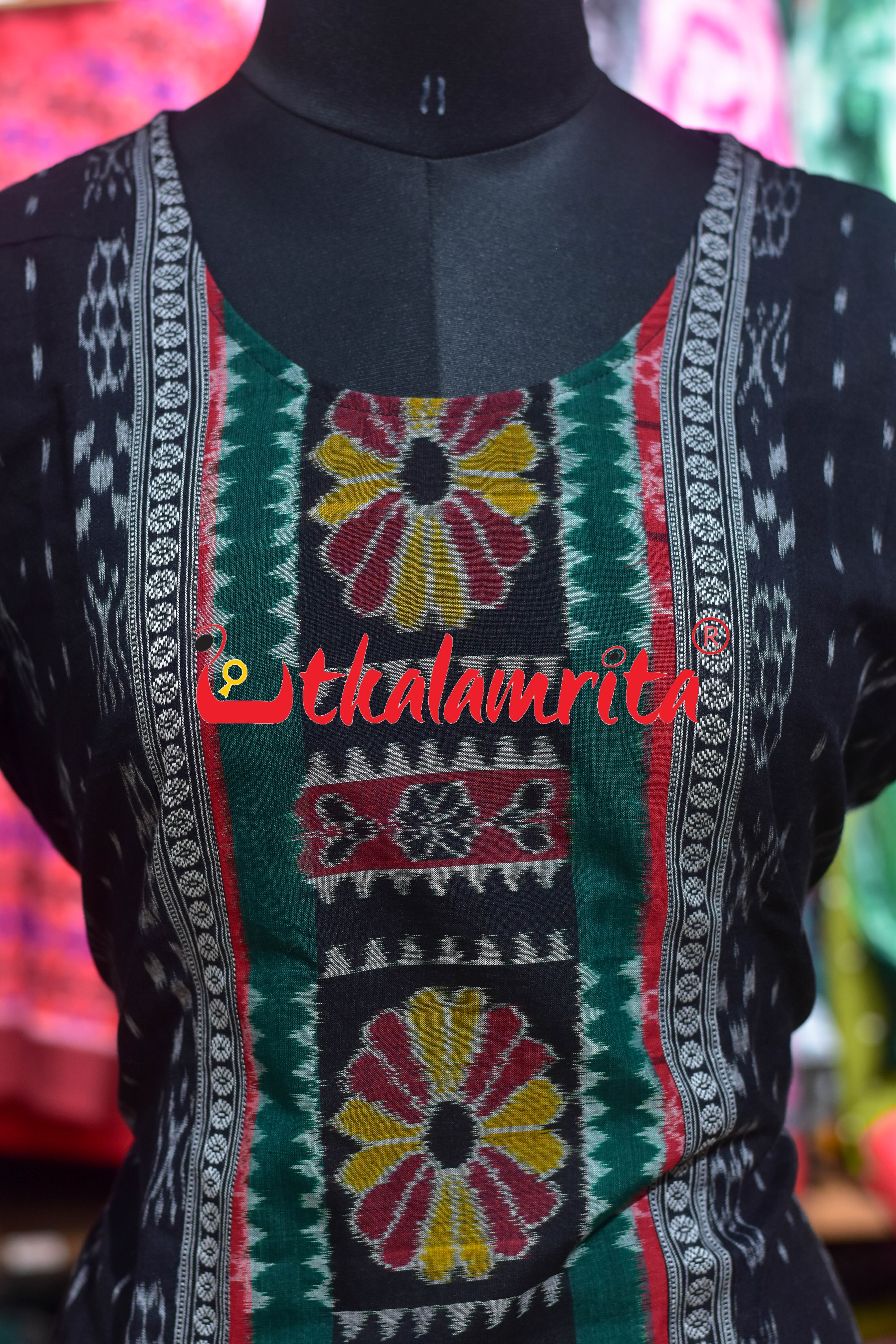Black Ikat Middle Flowers (Ladies' Kurti)