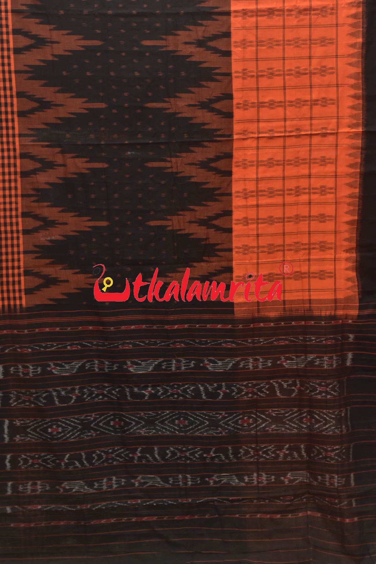 Half Half Rust Black Khandua Cotton Checks Saree