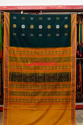 Bottle Green Yellow Padam Bomkai Cotton Saree