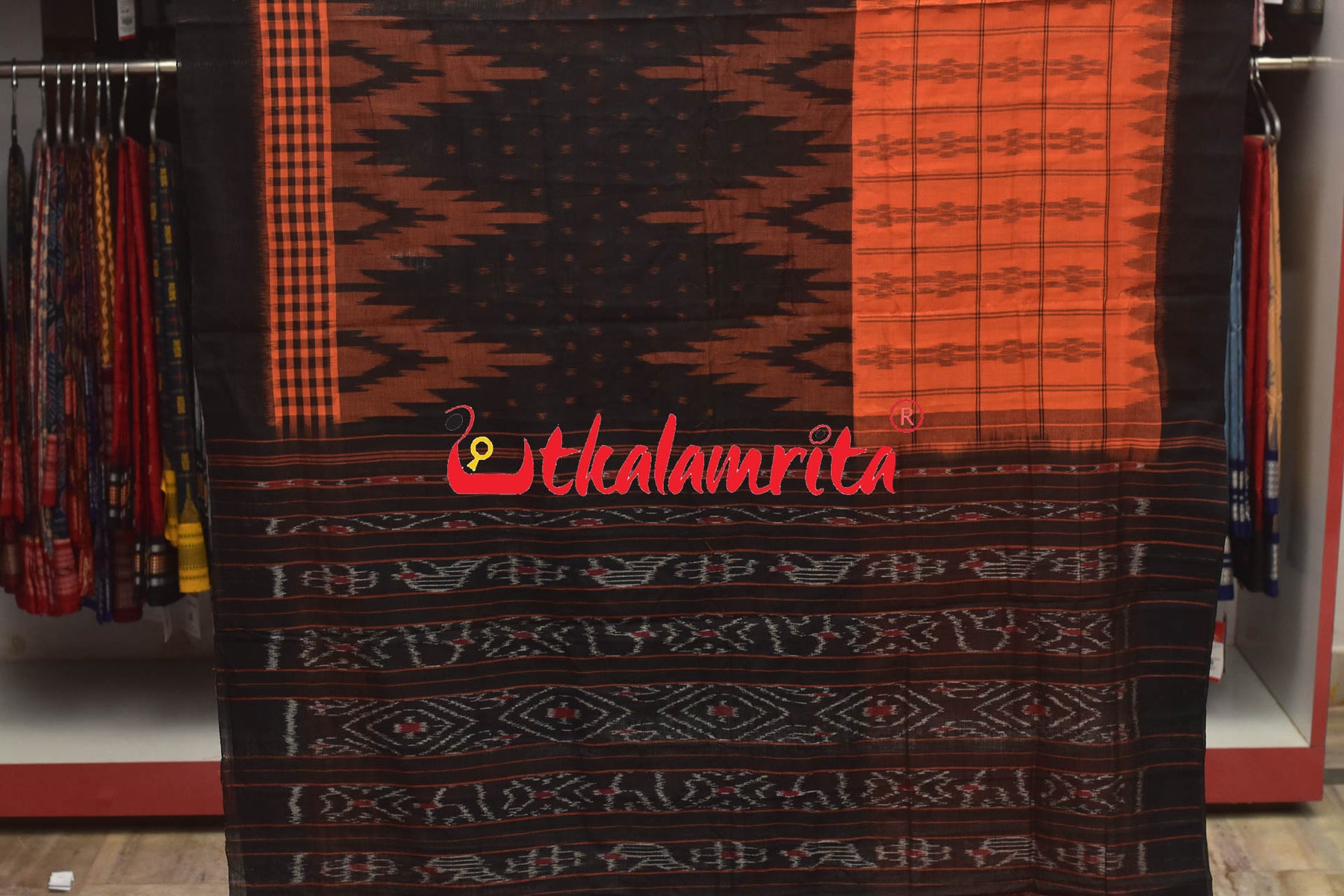 Half Half Rust Black Khandua Cotton Checks Saree