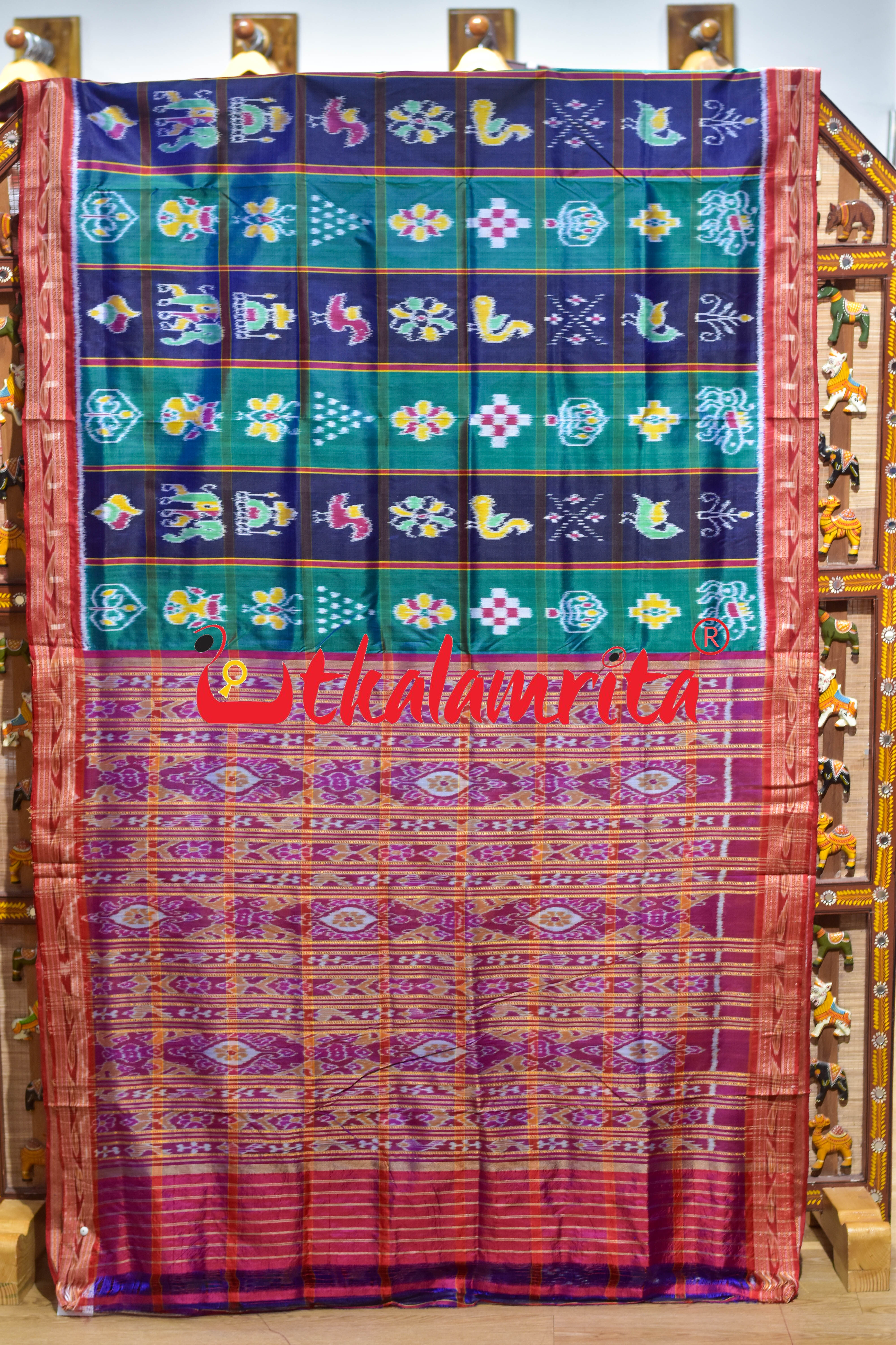 Blue Teal Green Khandua Silk Saree