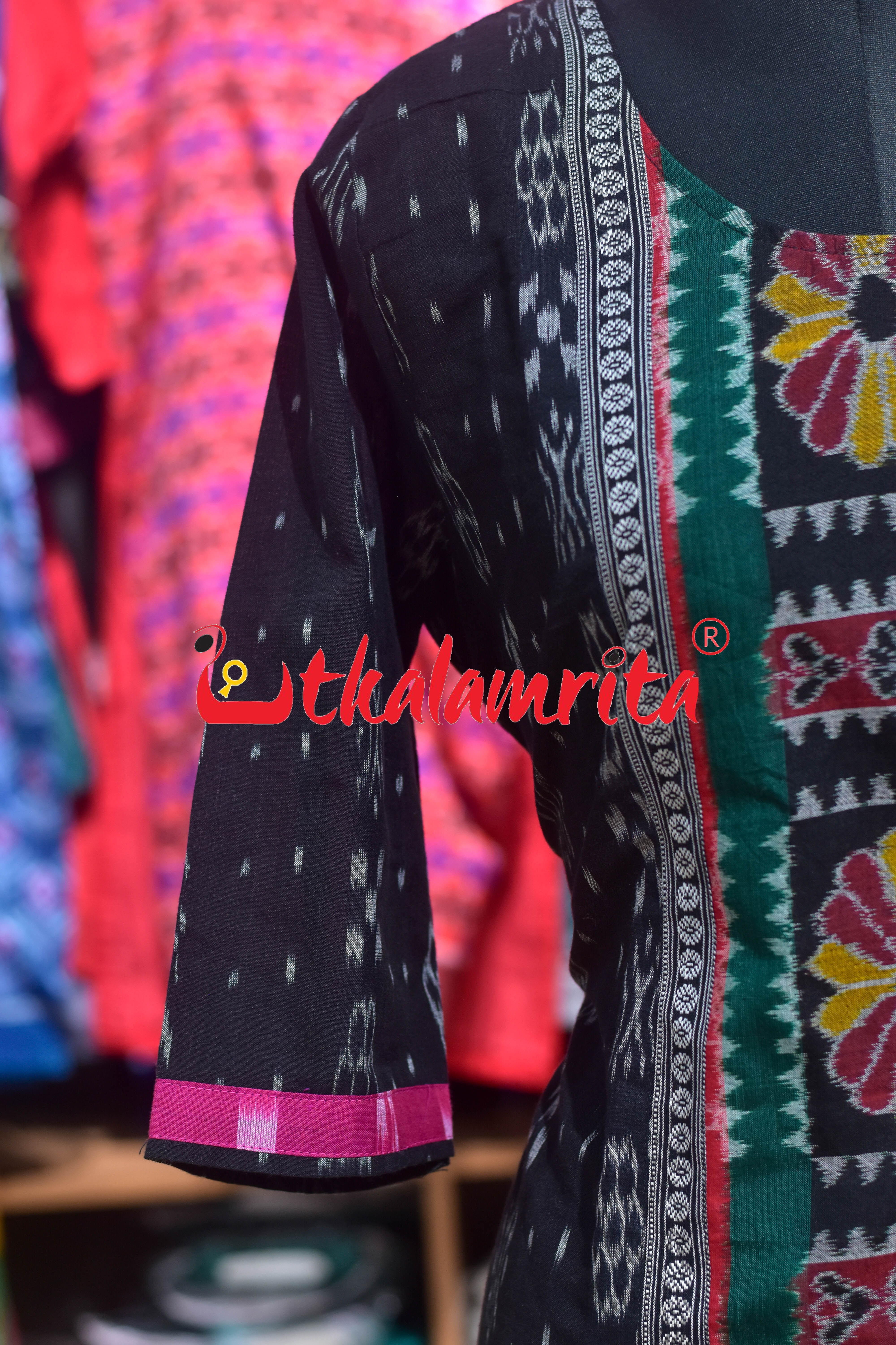 Black Ikat Middle Flowers (Ladies' Kurti)