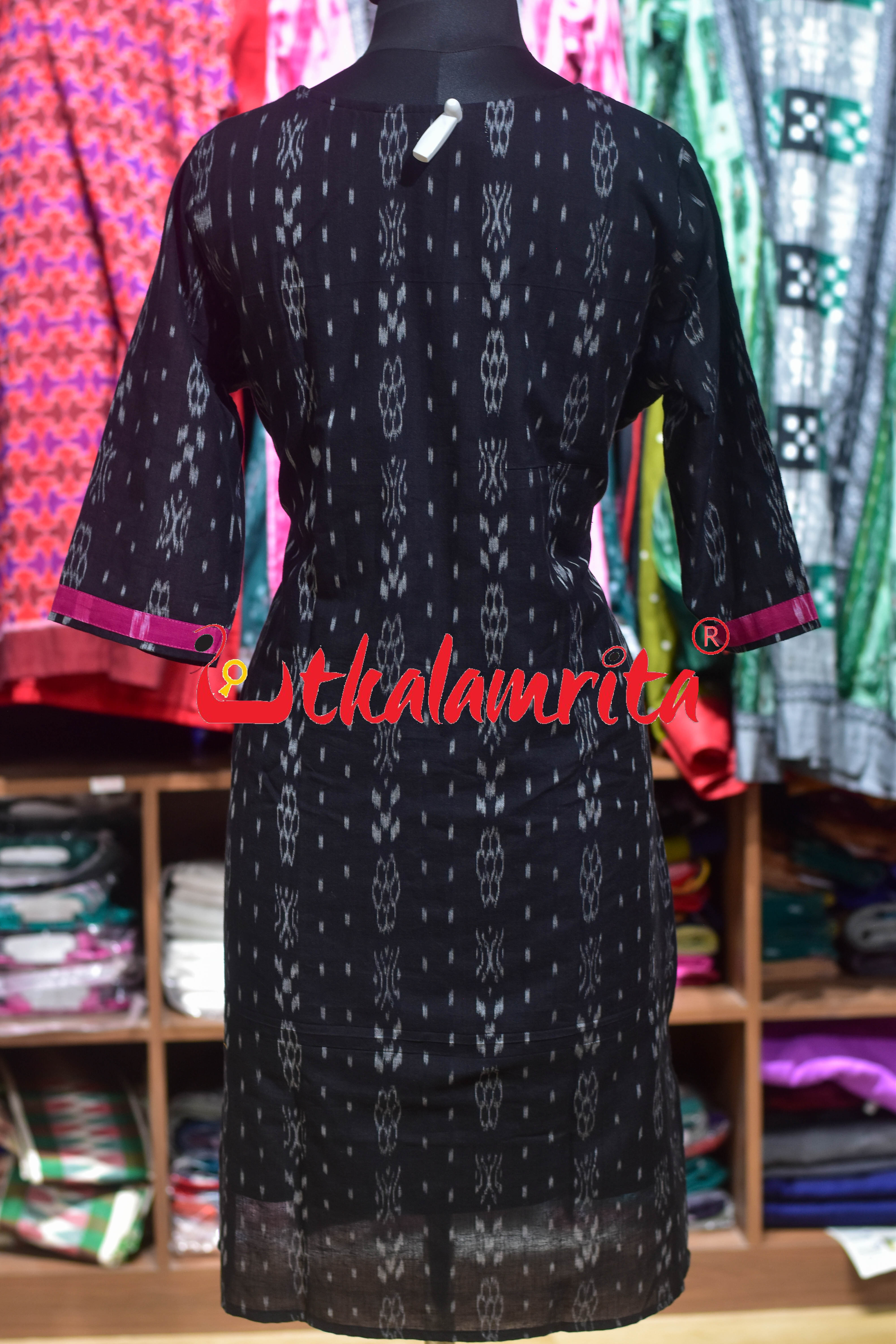 Black Ikat Middle Flowers (Ladies' Kurti)