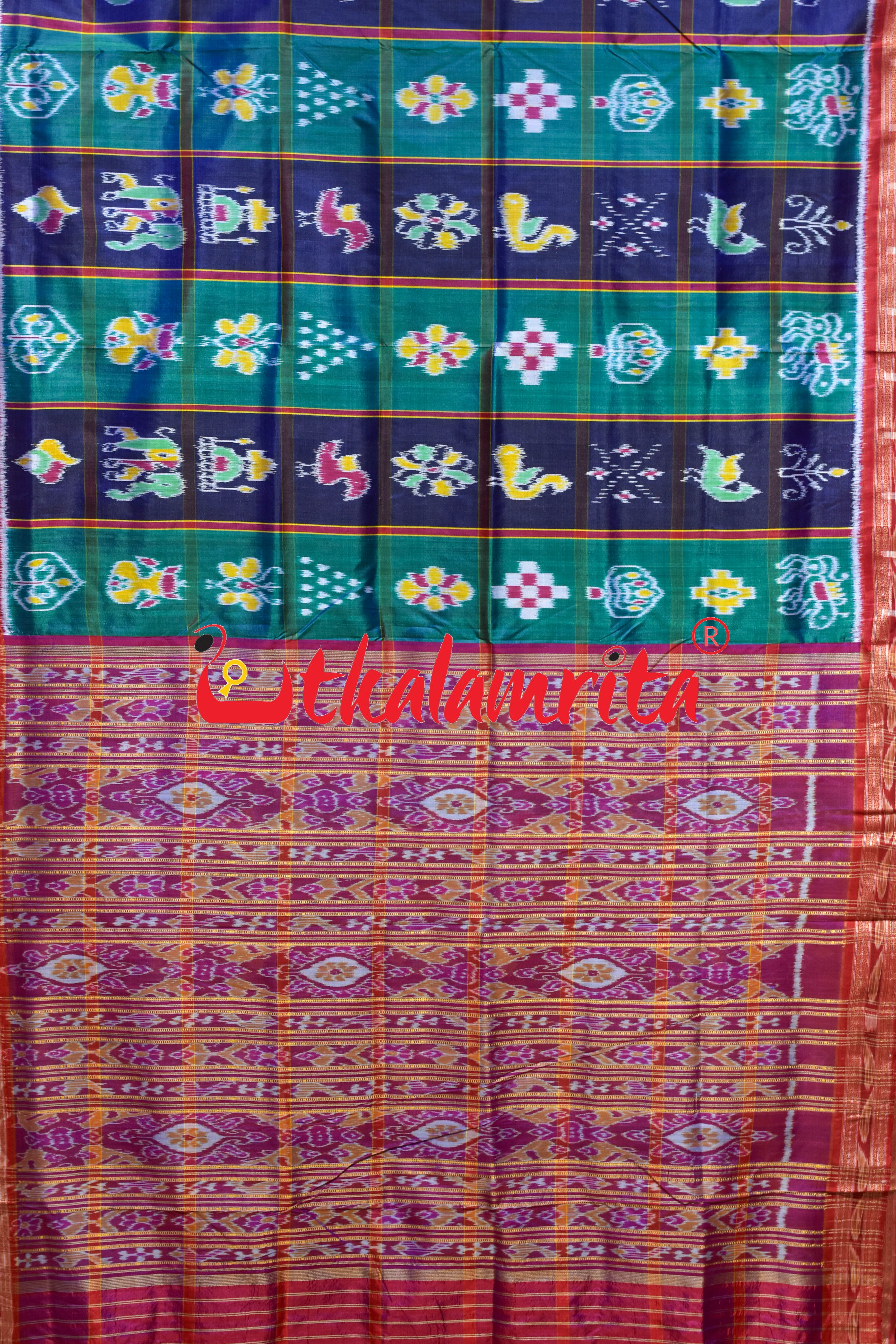 Blue Teal Green Khandua Silk Saree