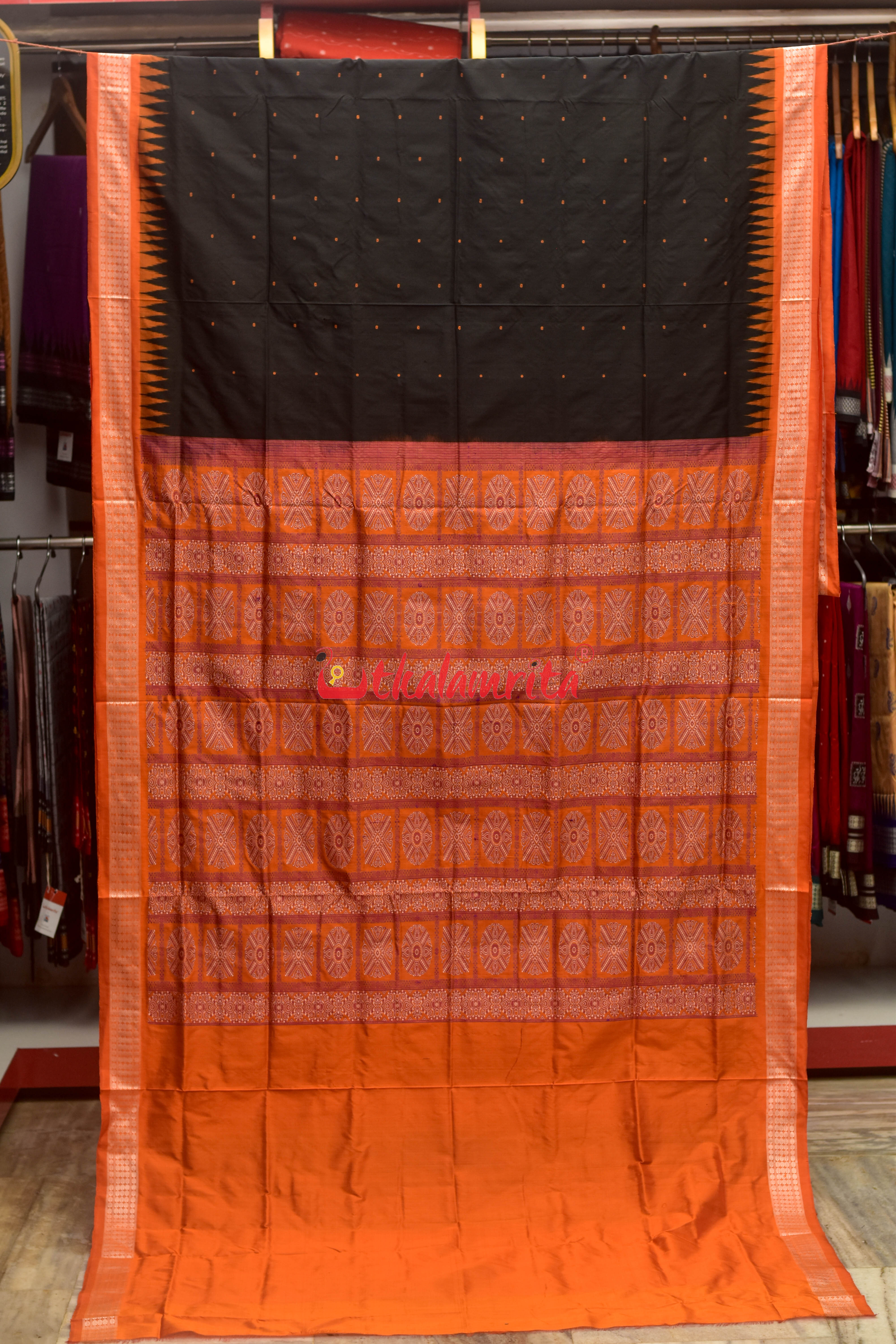 Black Orange Plain Buti Bomkai Silk Saree