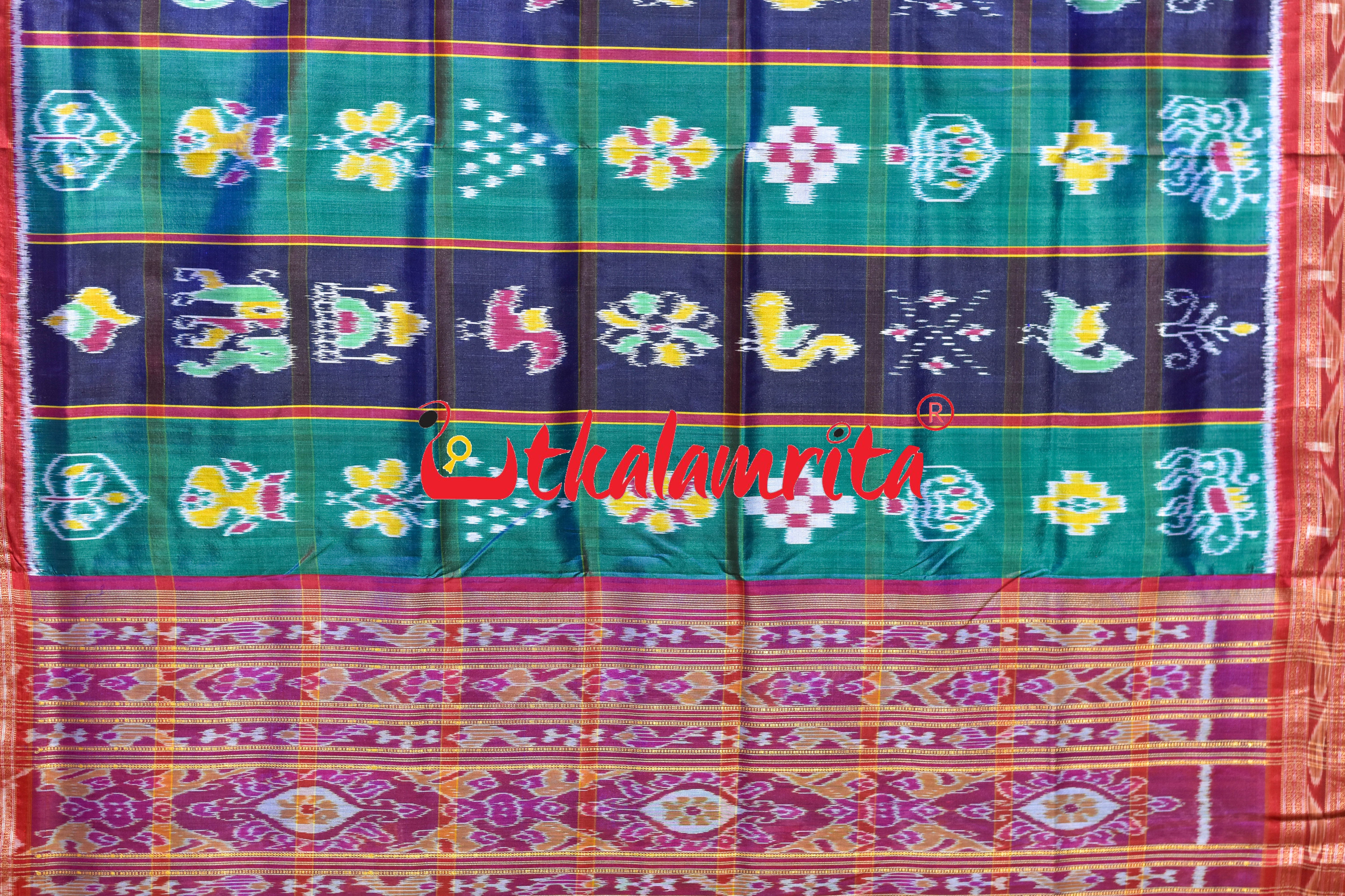Blue Teal Green Khandua Silk Saree