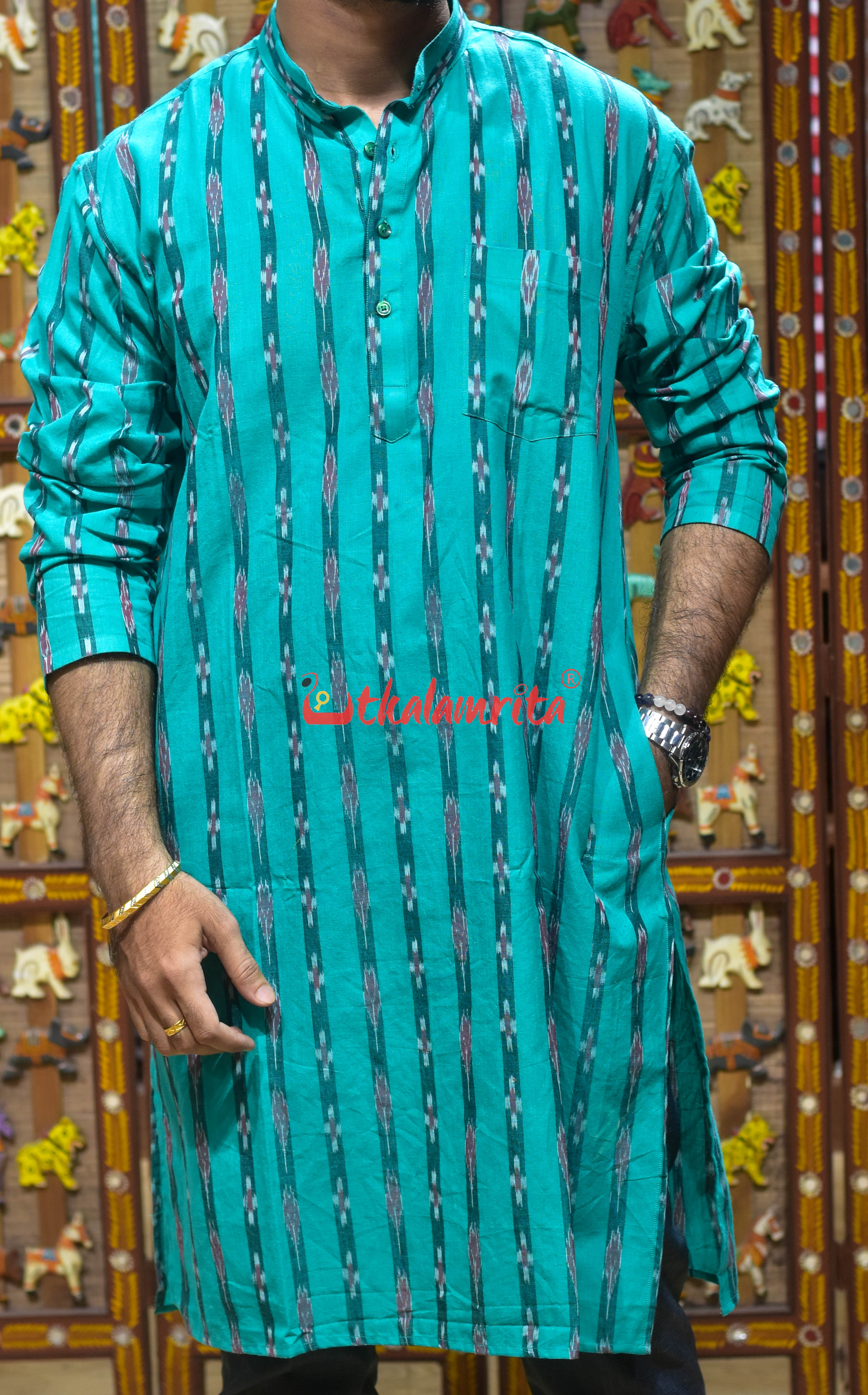 Sea Green Line Pasapali (Men's Long Kurta)