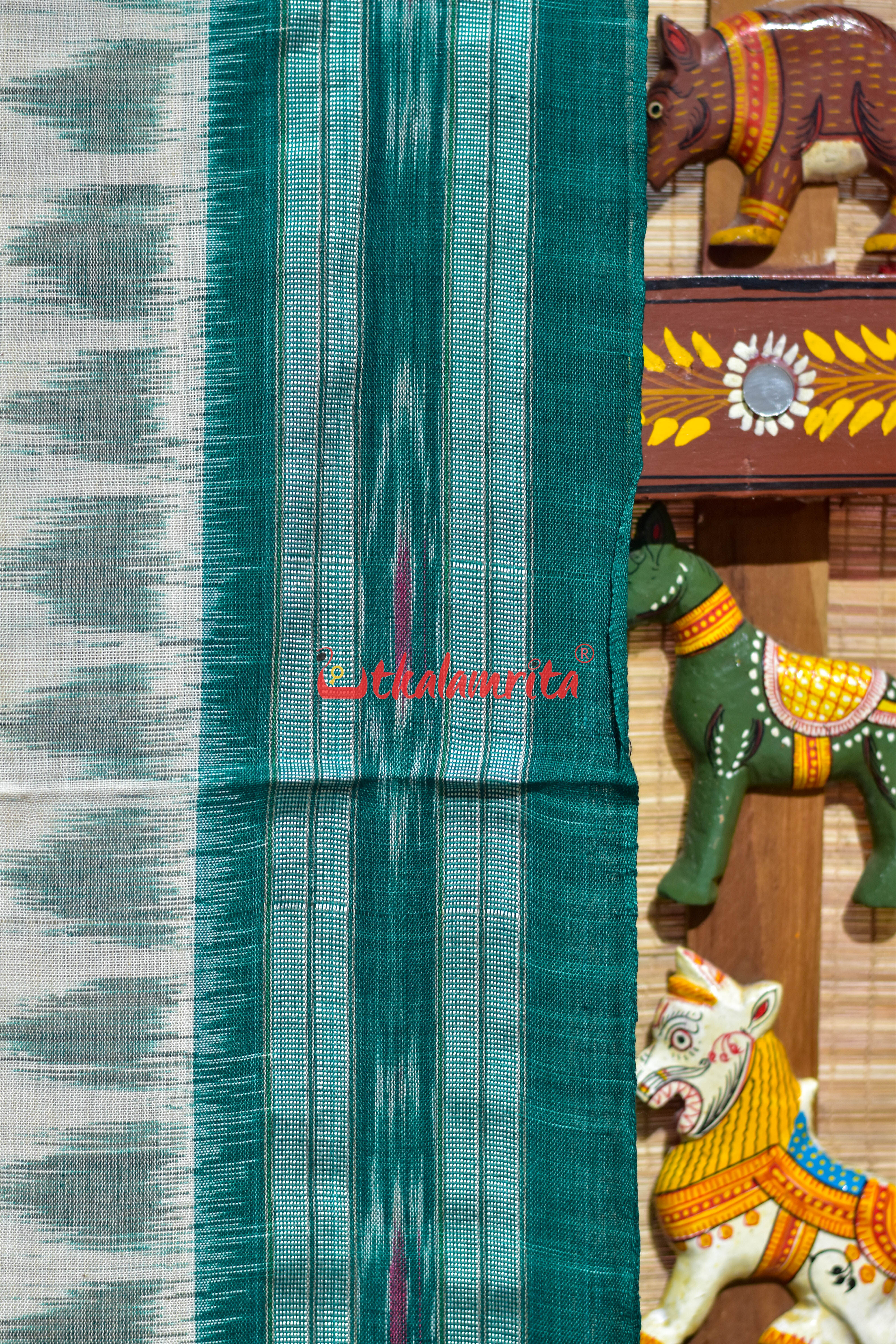 Off White with Green Body Bandha Khandua Cotton Saree