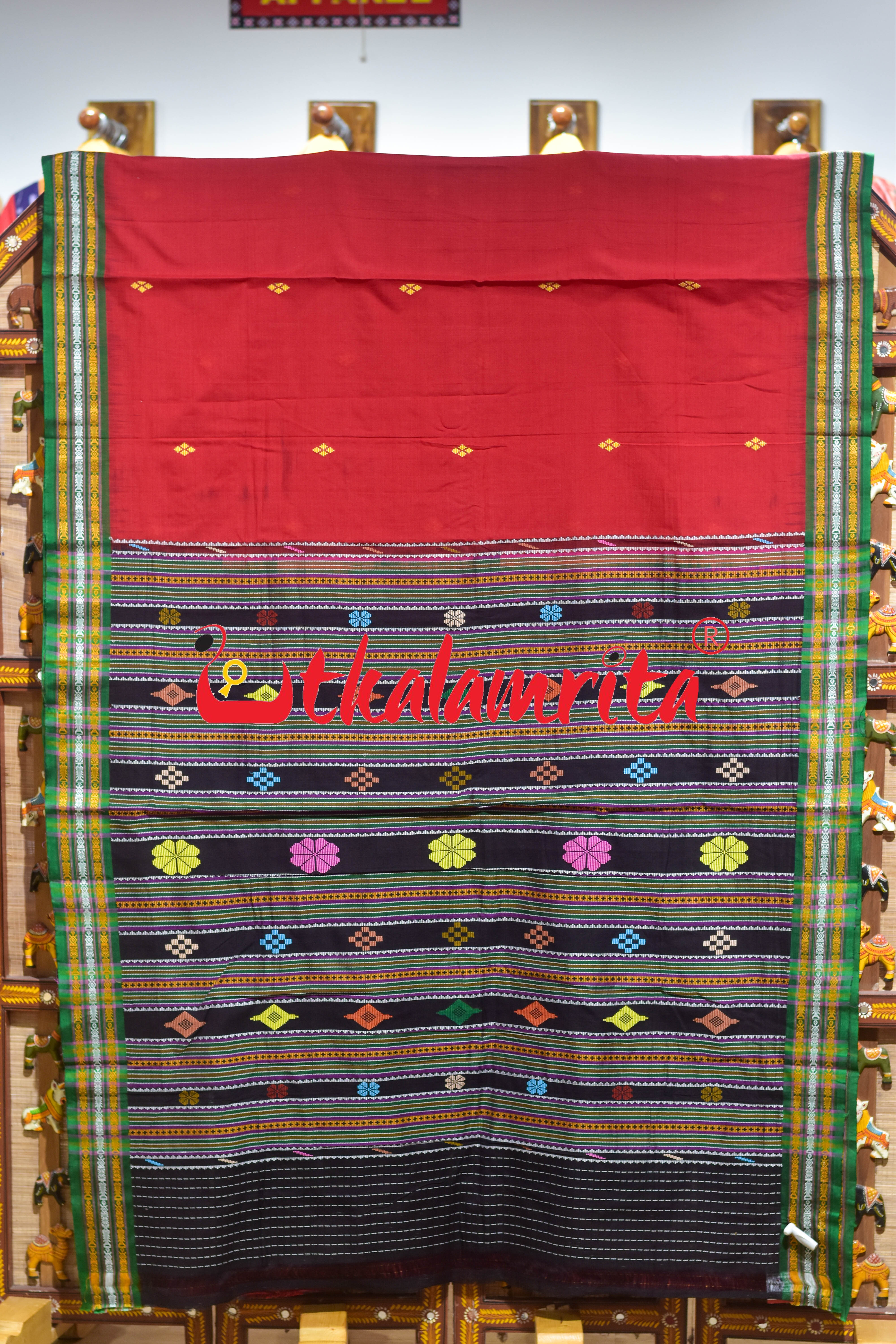 Red Green Buta Dhalapathar Cotton Saree