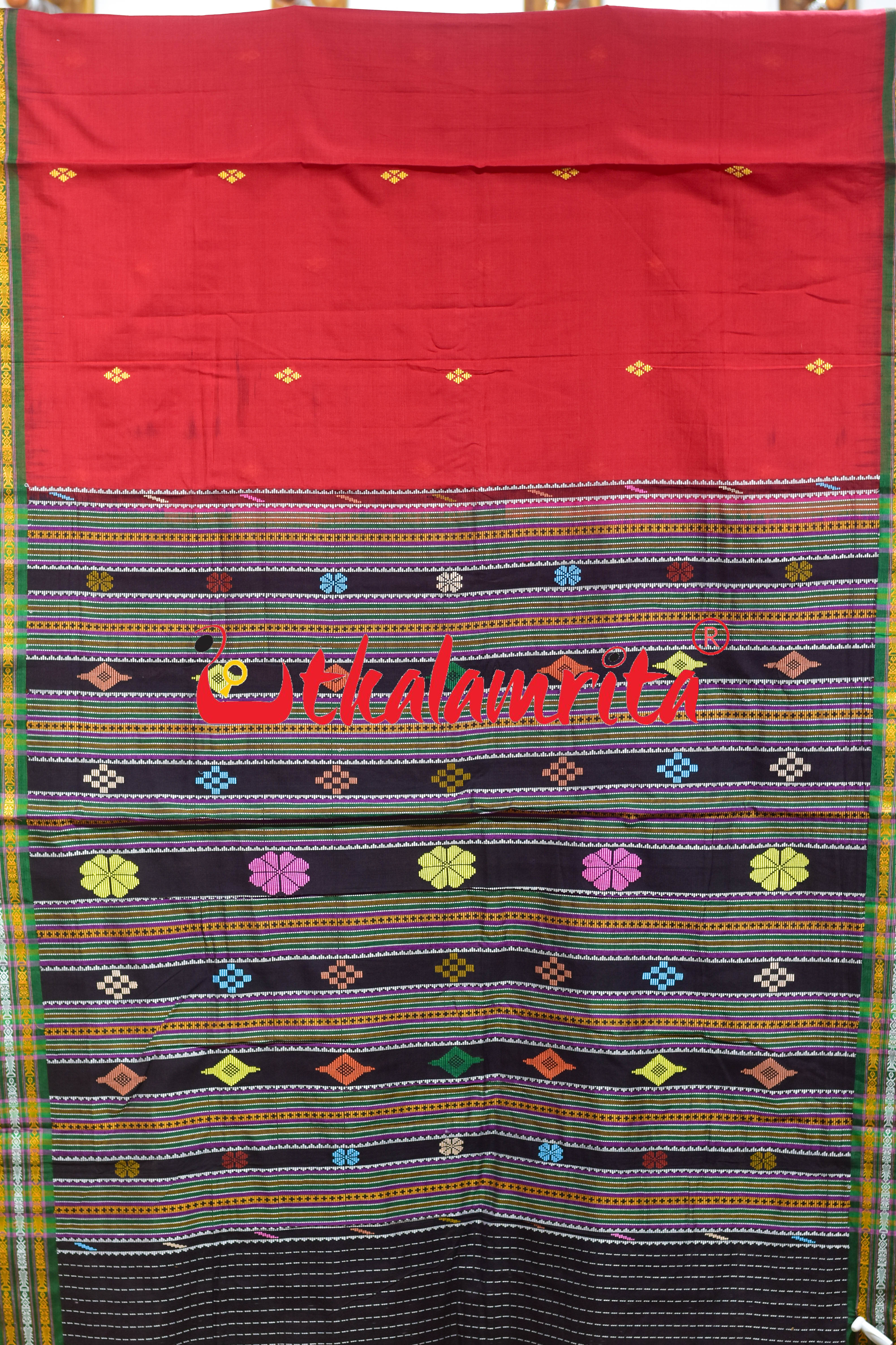 Red Green Buta Dhalapathar Cotton Saree