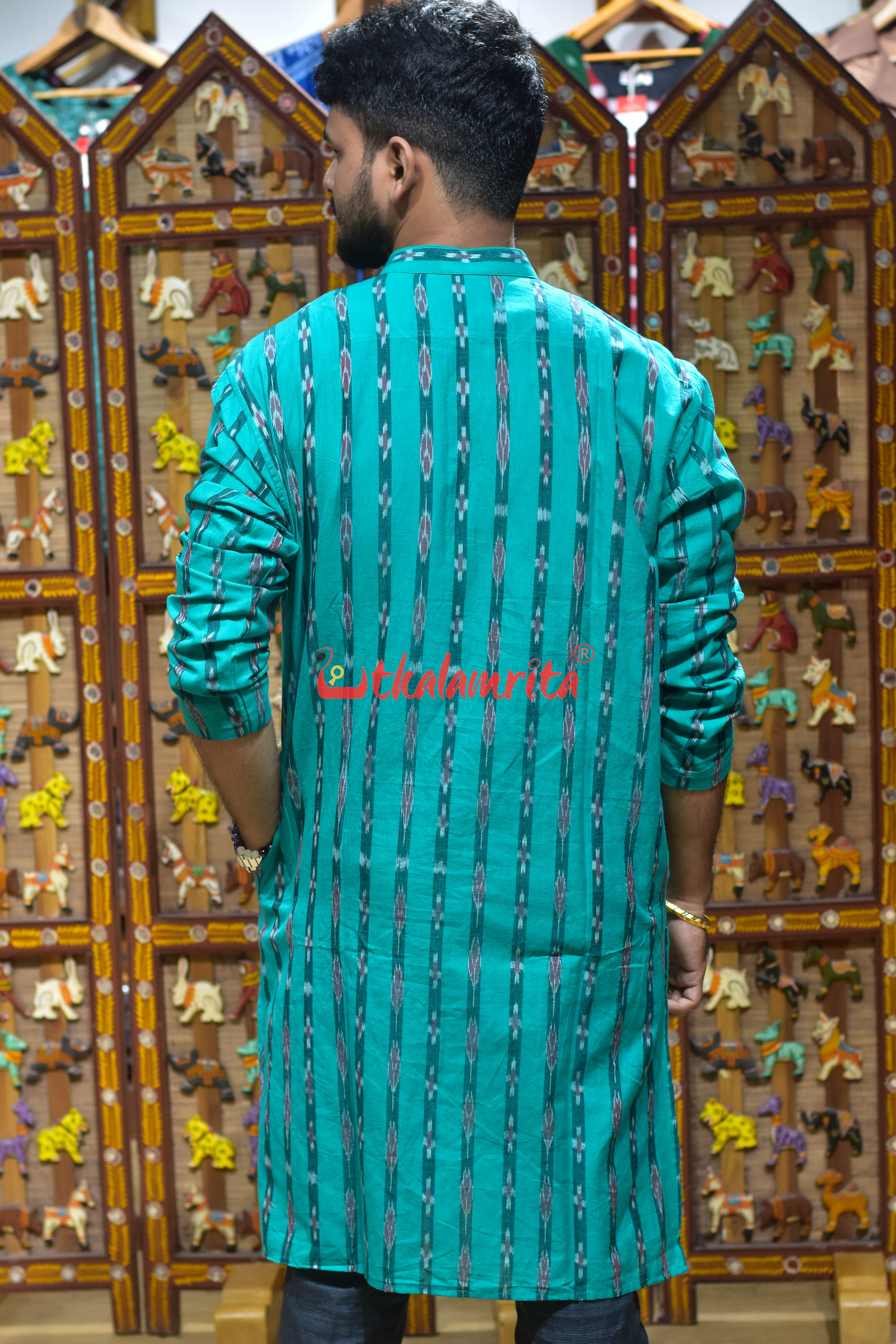 Sea Green Line Pasapali (Men's Long Kurta)