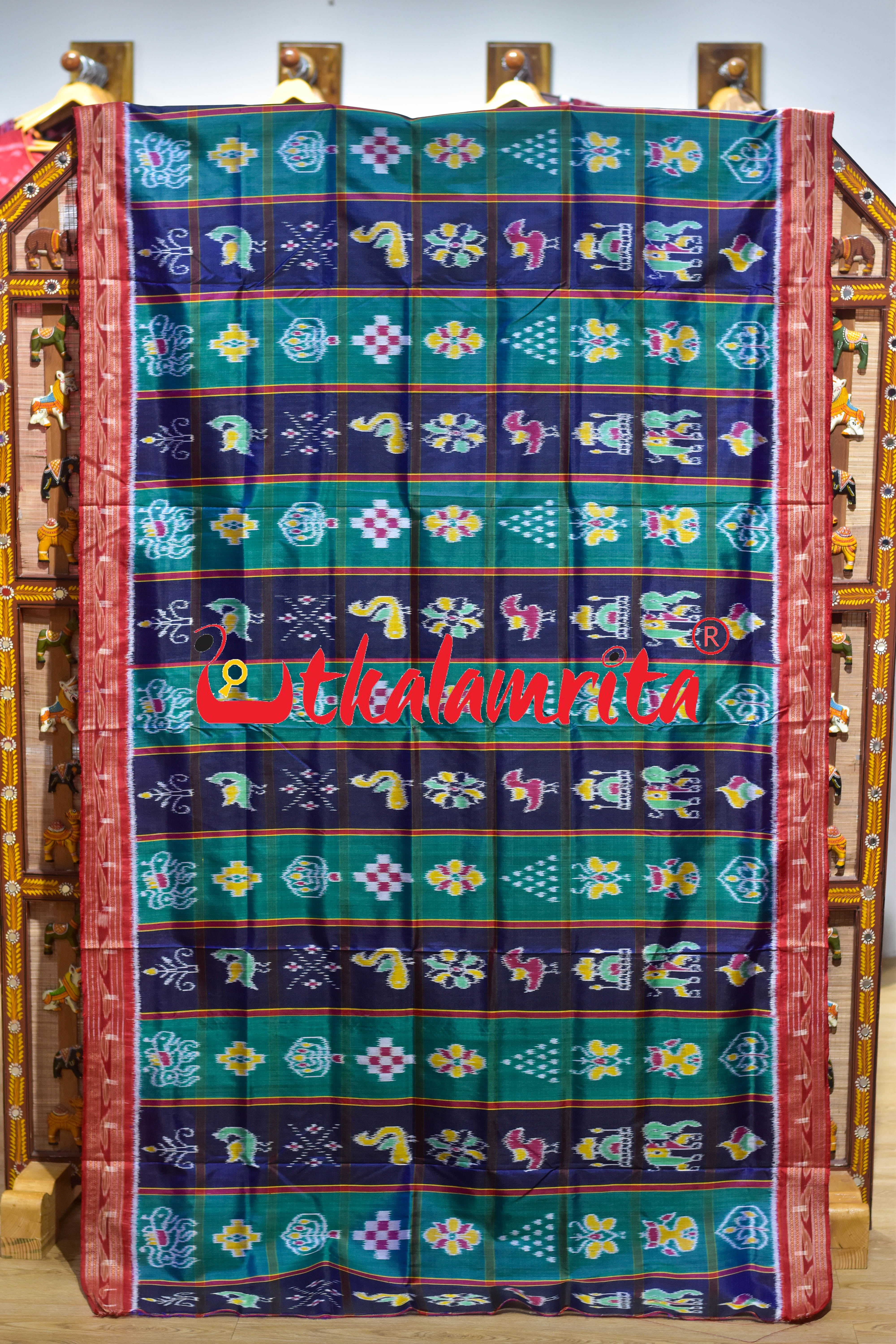 Blue Teal Green Khandua Silk Saree