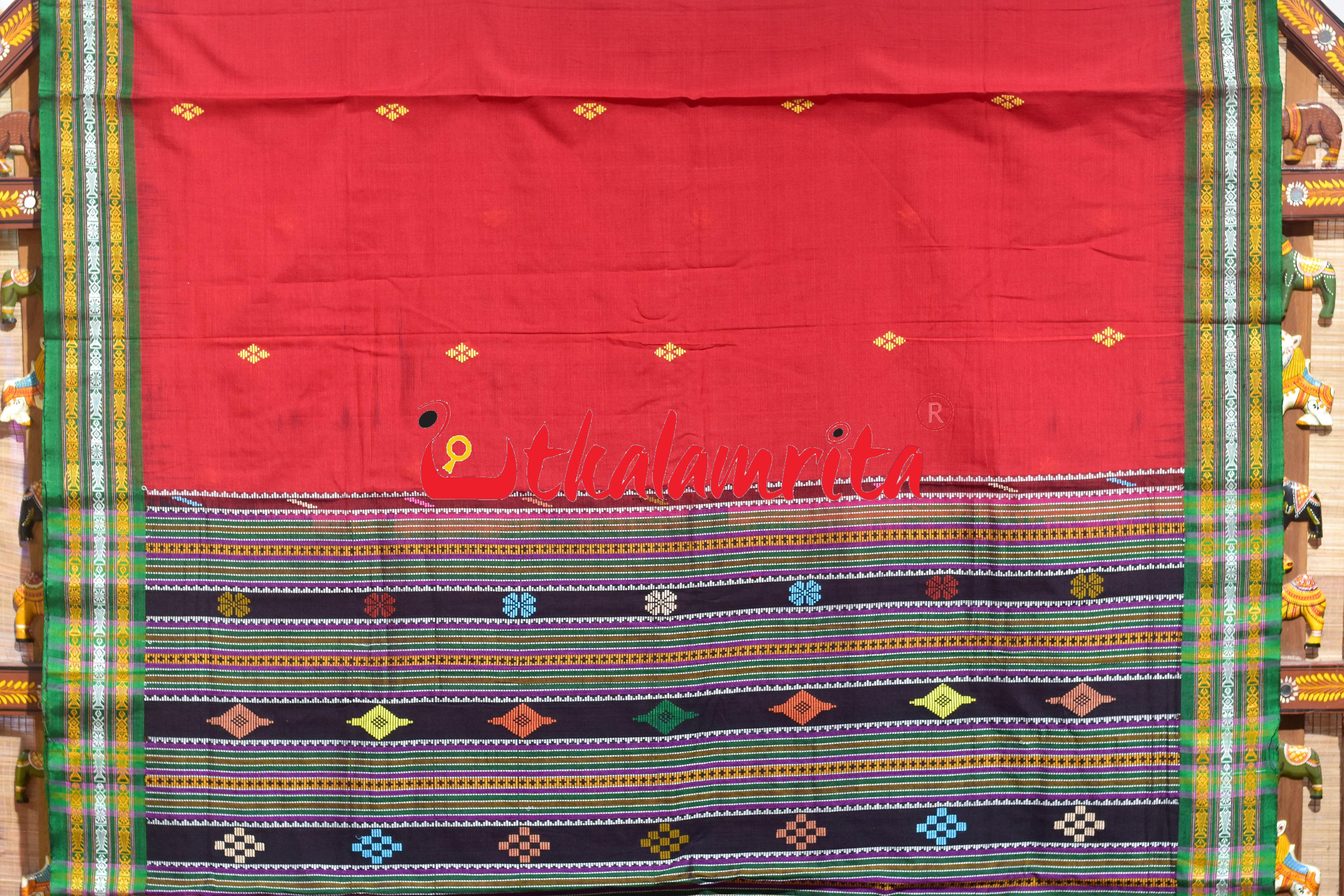 Red Green Buta Dhalapathar Cotton Saree