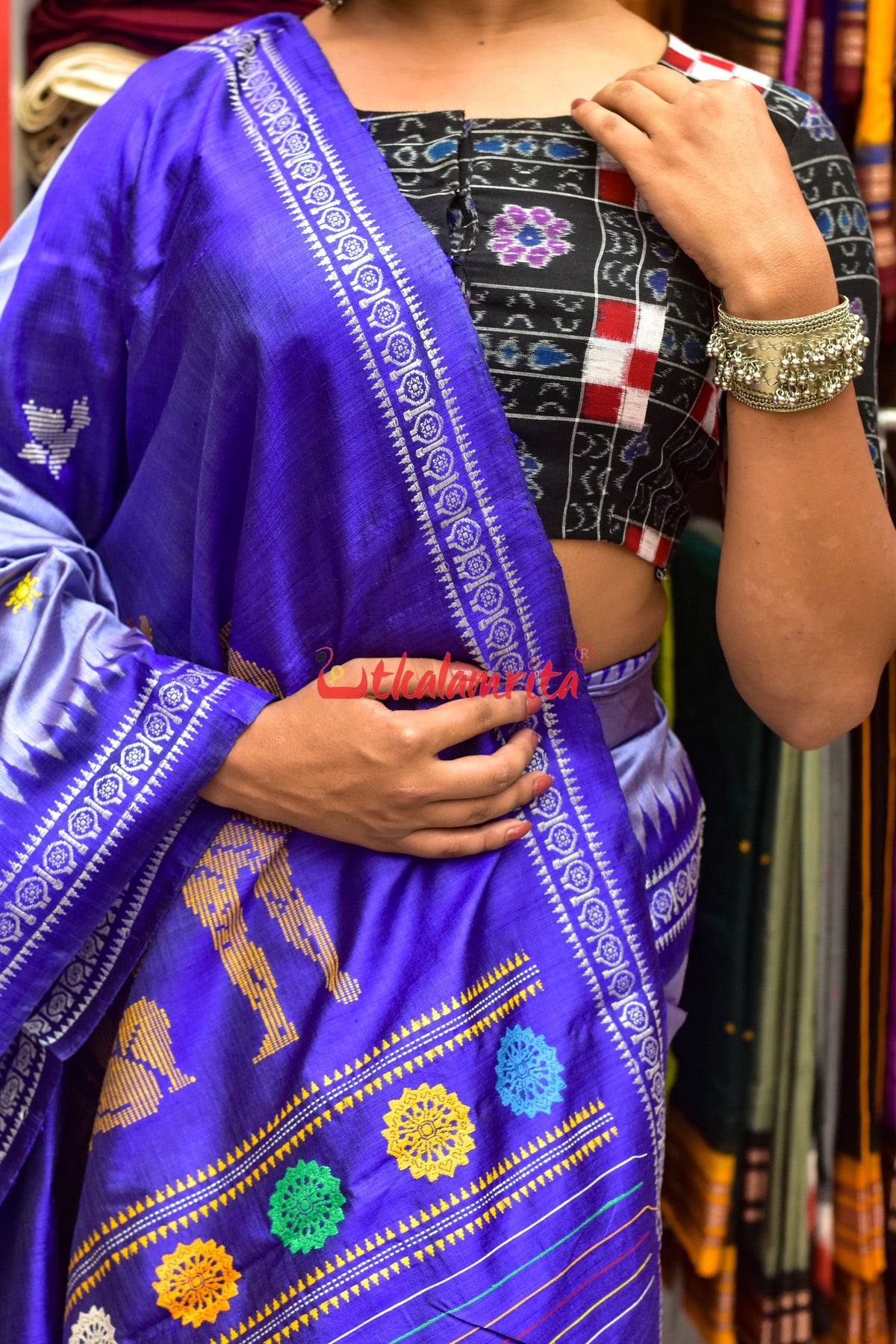 Sky Blue Konark Temple Tussar by Mulberry Silk Saree