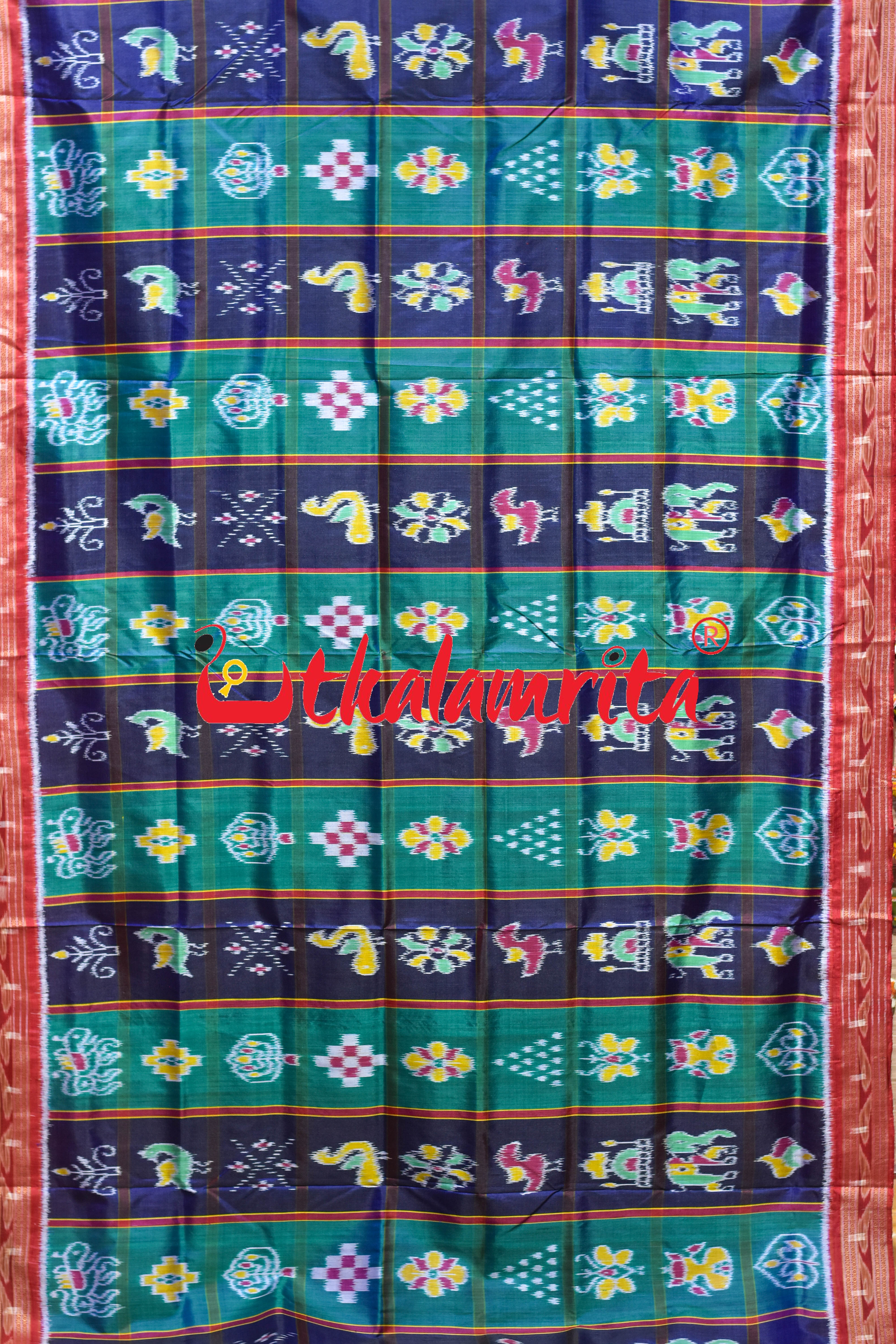 Blue Teal Green Khandua Silk Saree