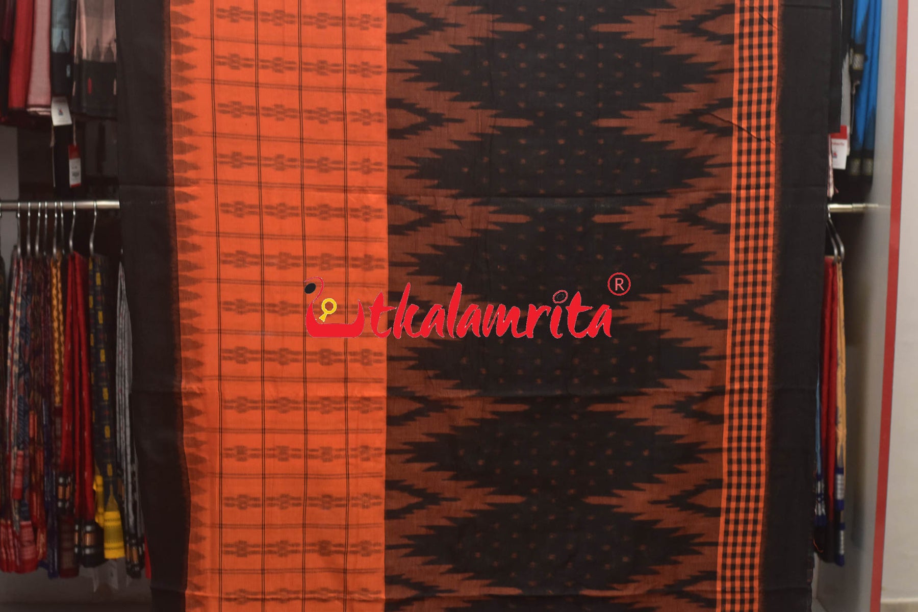 Half Half Rust Black Khandua Cotton Checks Saree