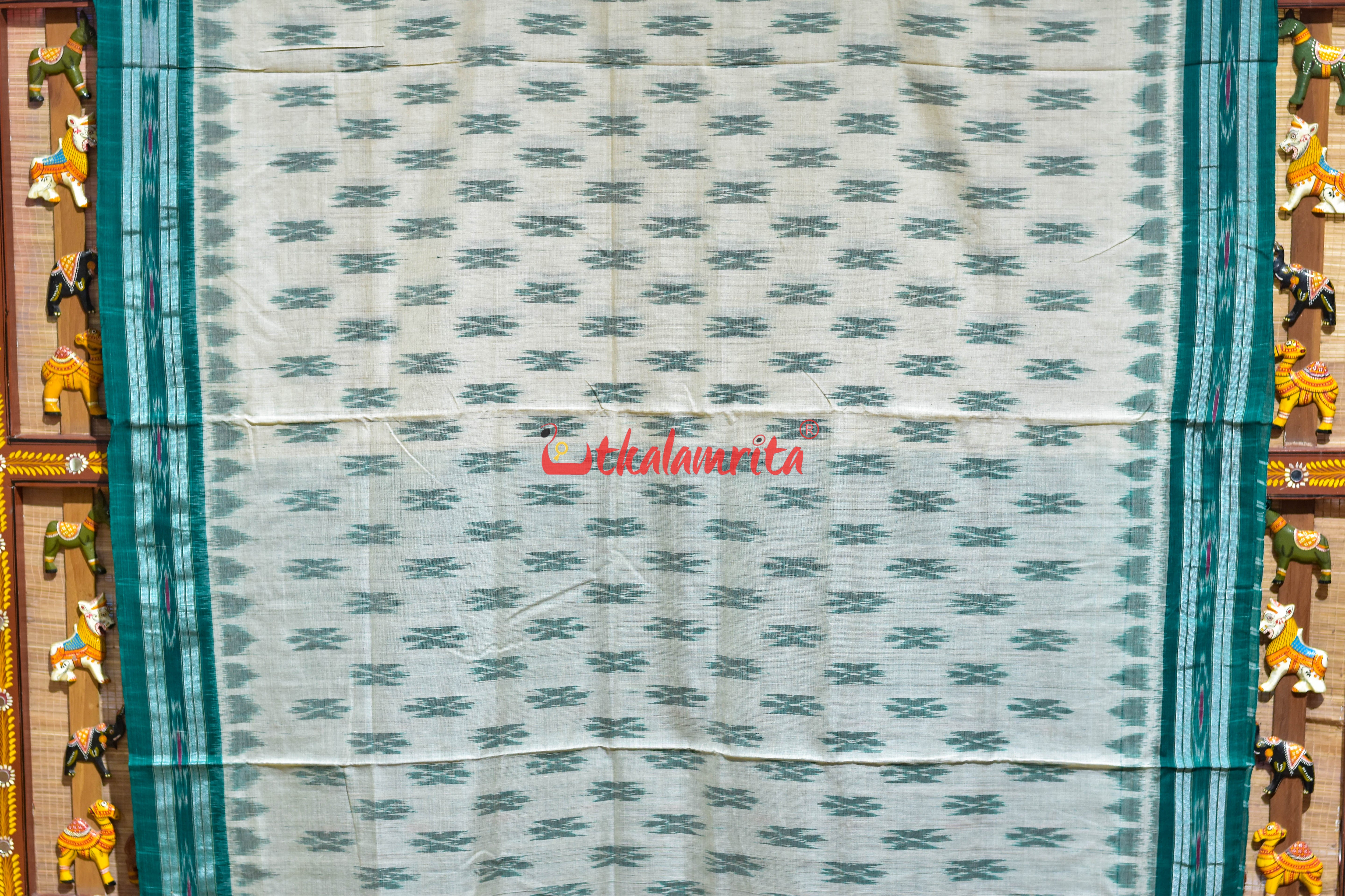 Off White with Green Body Bandha Khandua Cotton Saree