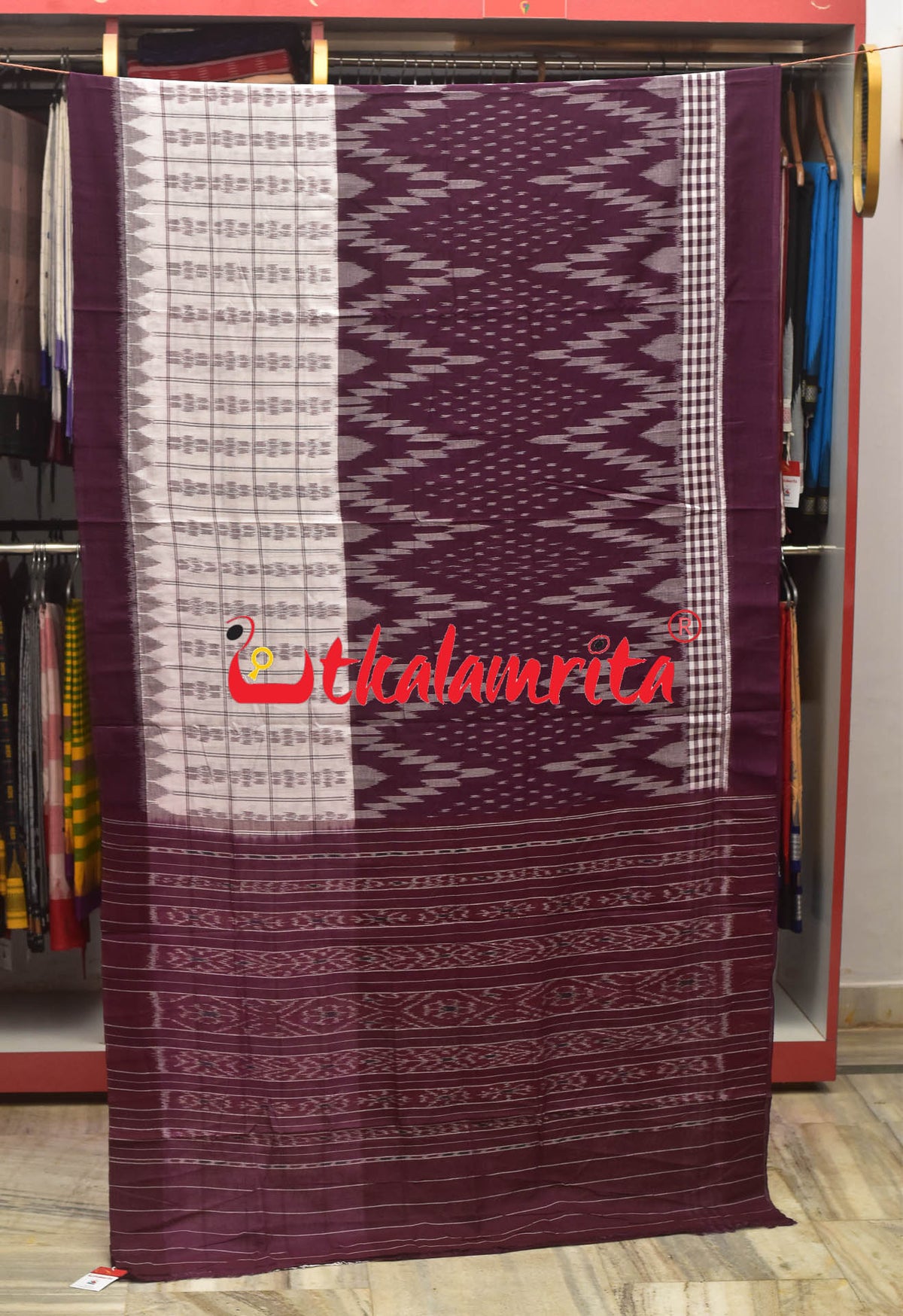 Half Half Grape White Khandua Cotton Checks Saree