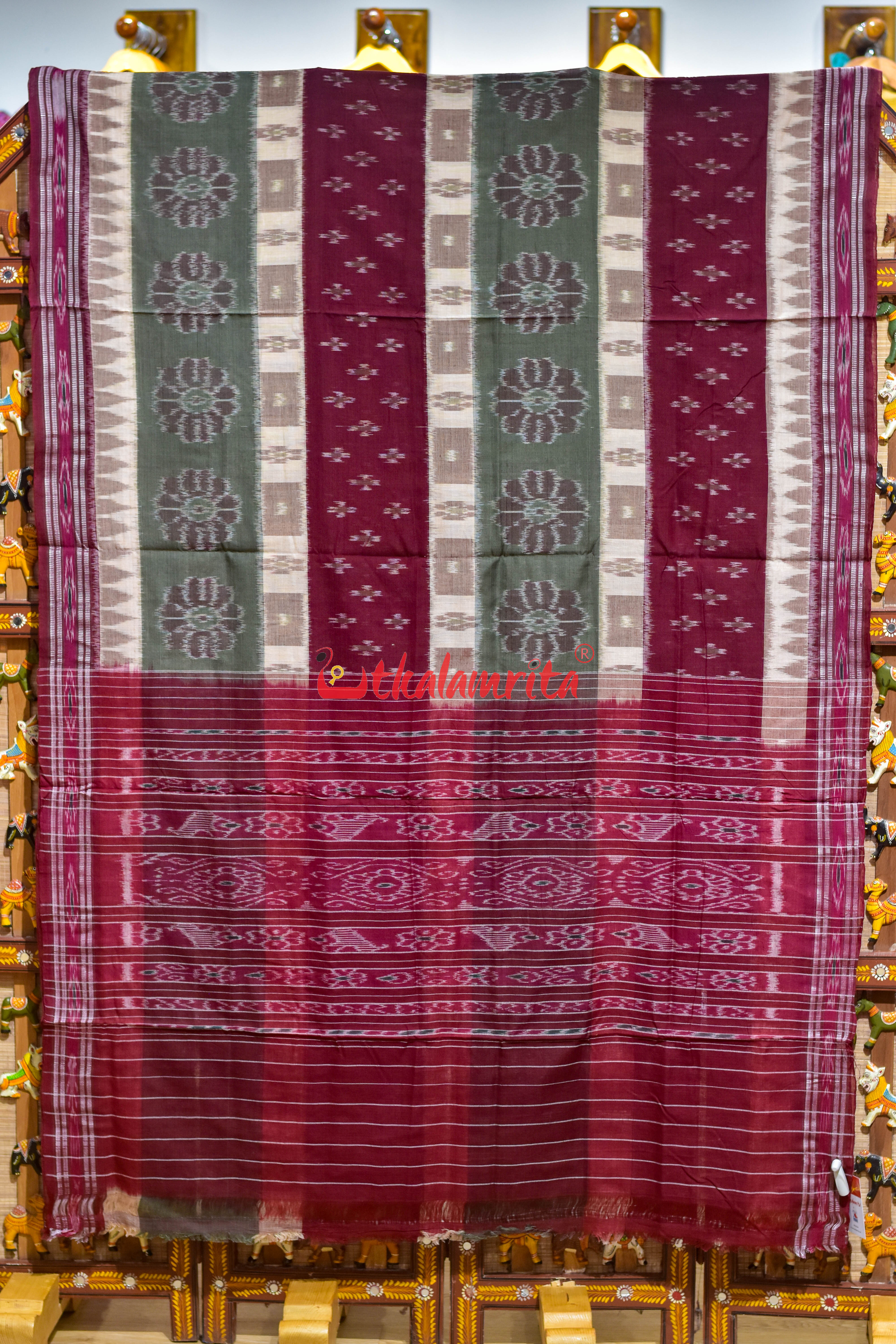 Special 7D Offwhite Maroon Olive Khandua Cotton Saree