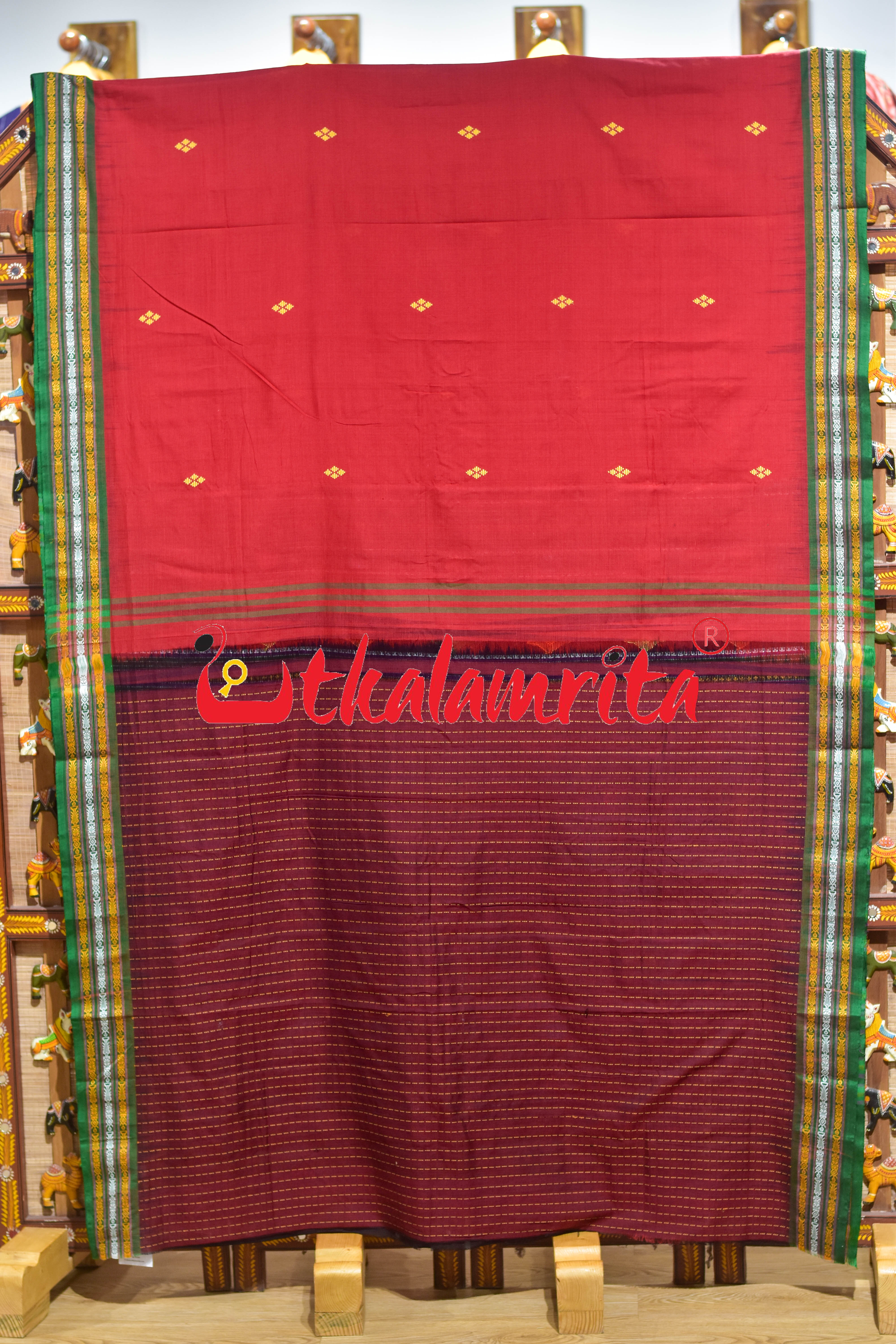Red Green Buta Dhalapathar Cotton Saree