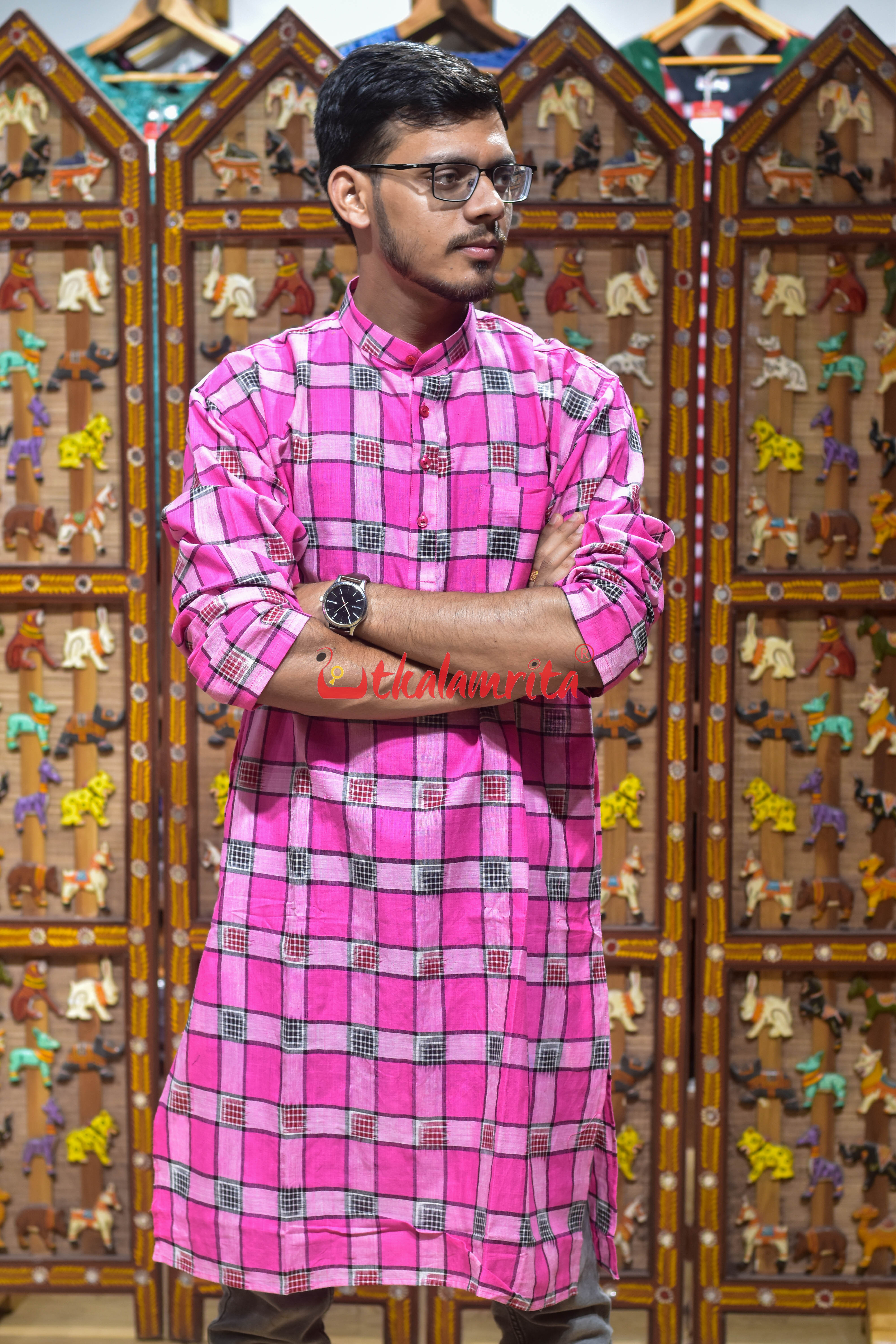 Black Red Pasapali Over Pink (Men's Long Kurta)