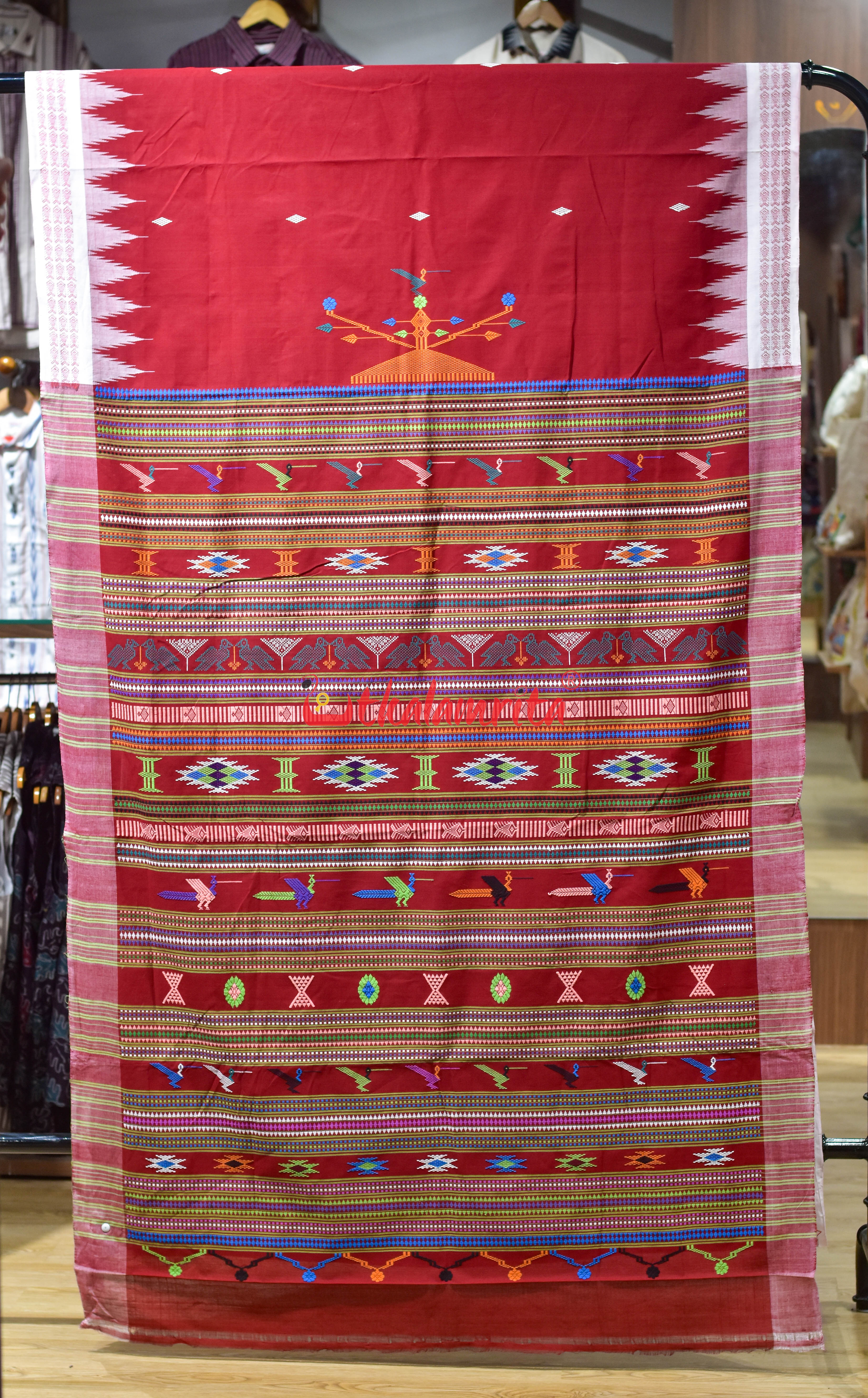 Sindoori Red Fish Border Original Ganjam Bomkai Cotton Saree