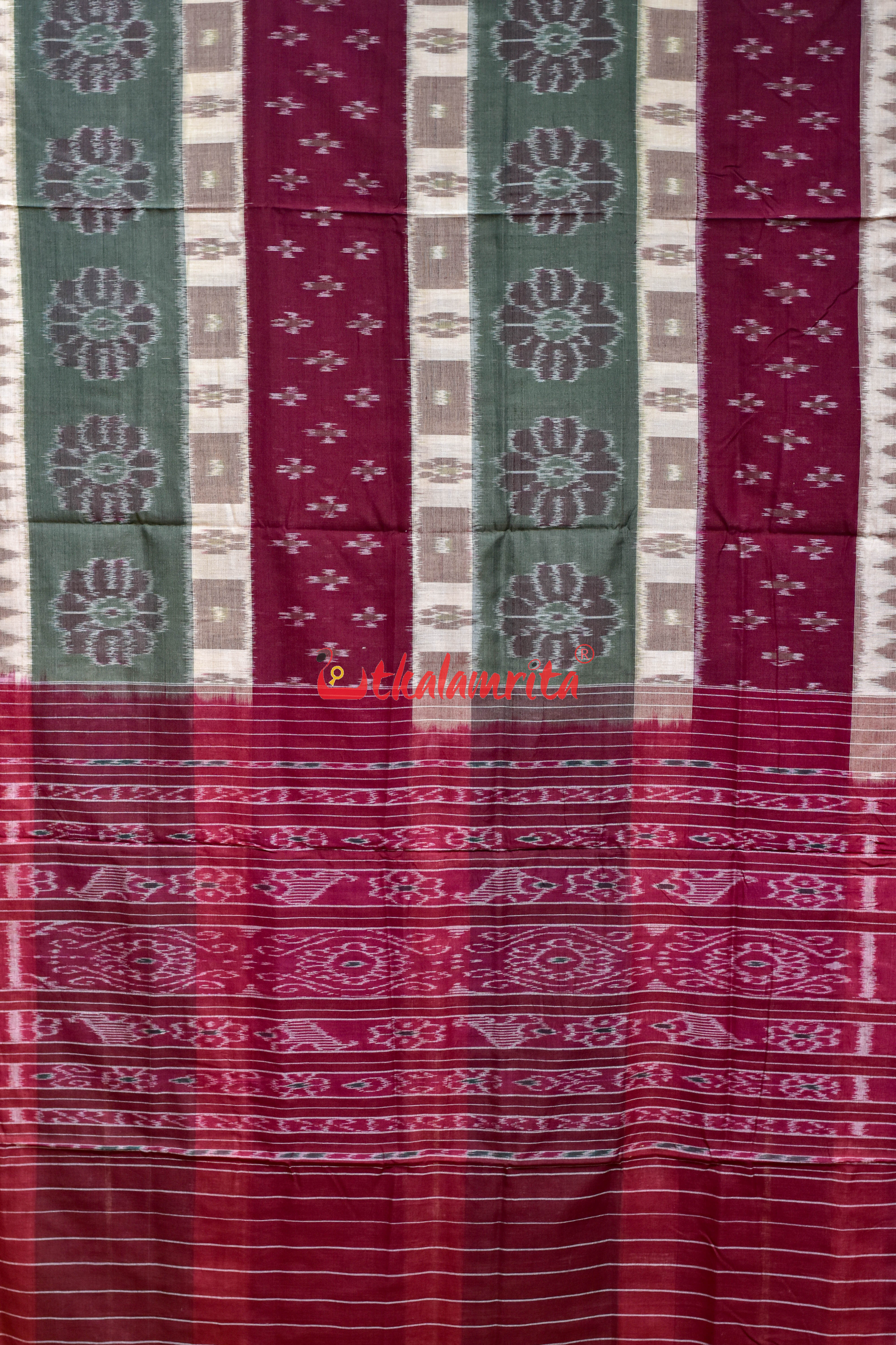 Special 7D Offwhite Maroon Olive Khandua Cotton Saree