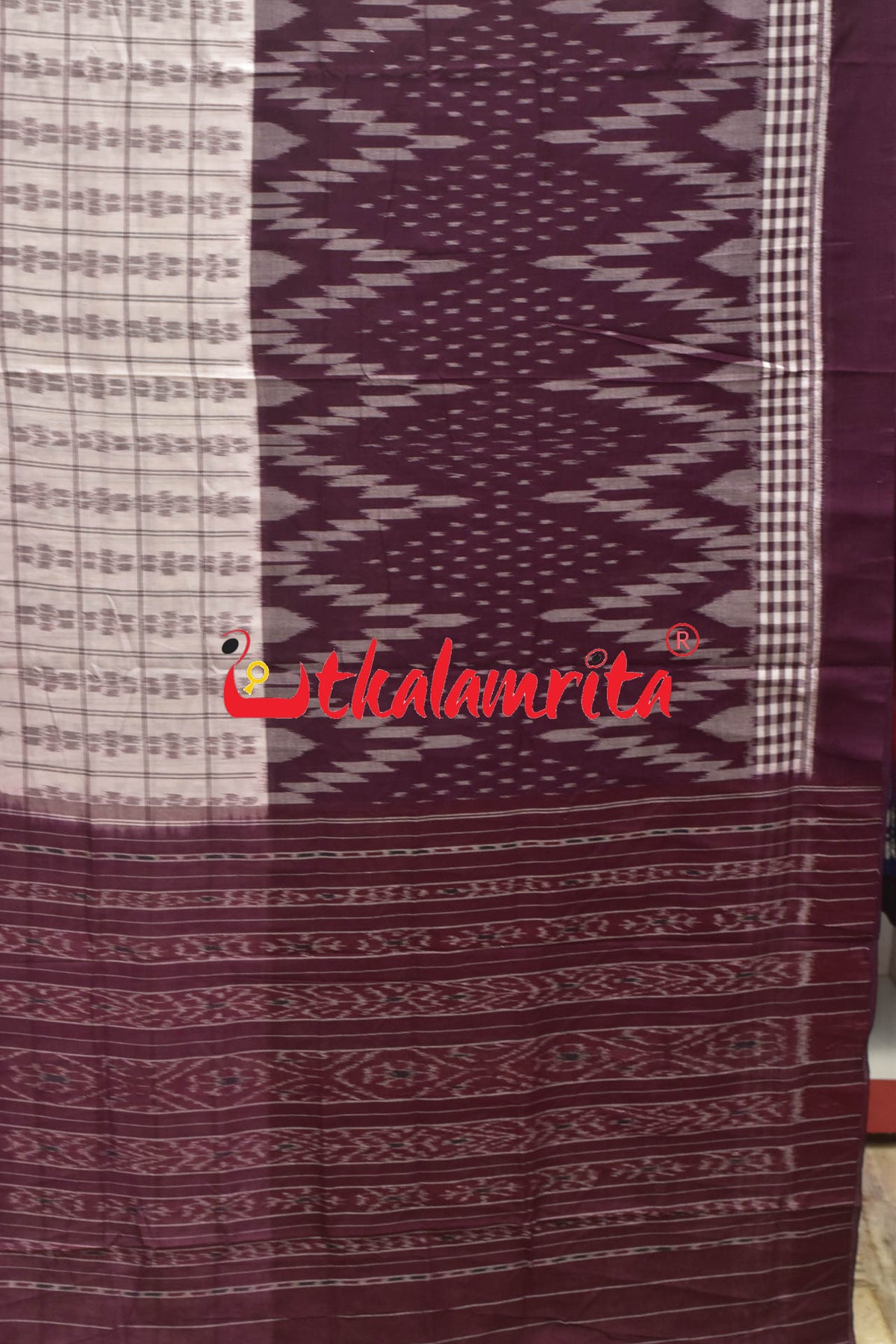 Half Half Grape White Khandua Cotton Checks Saree