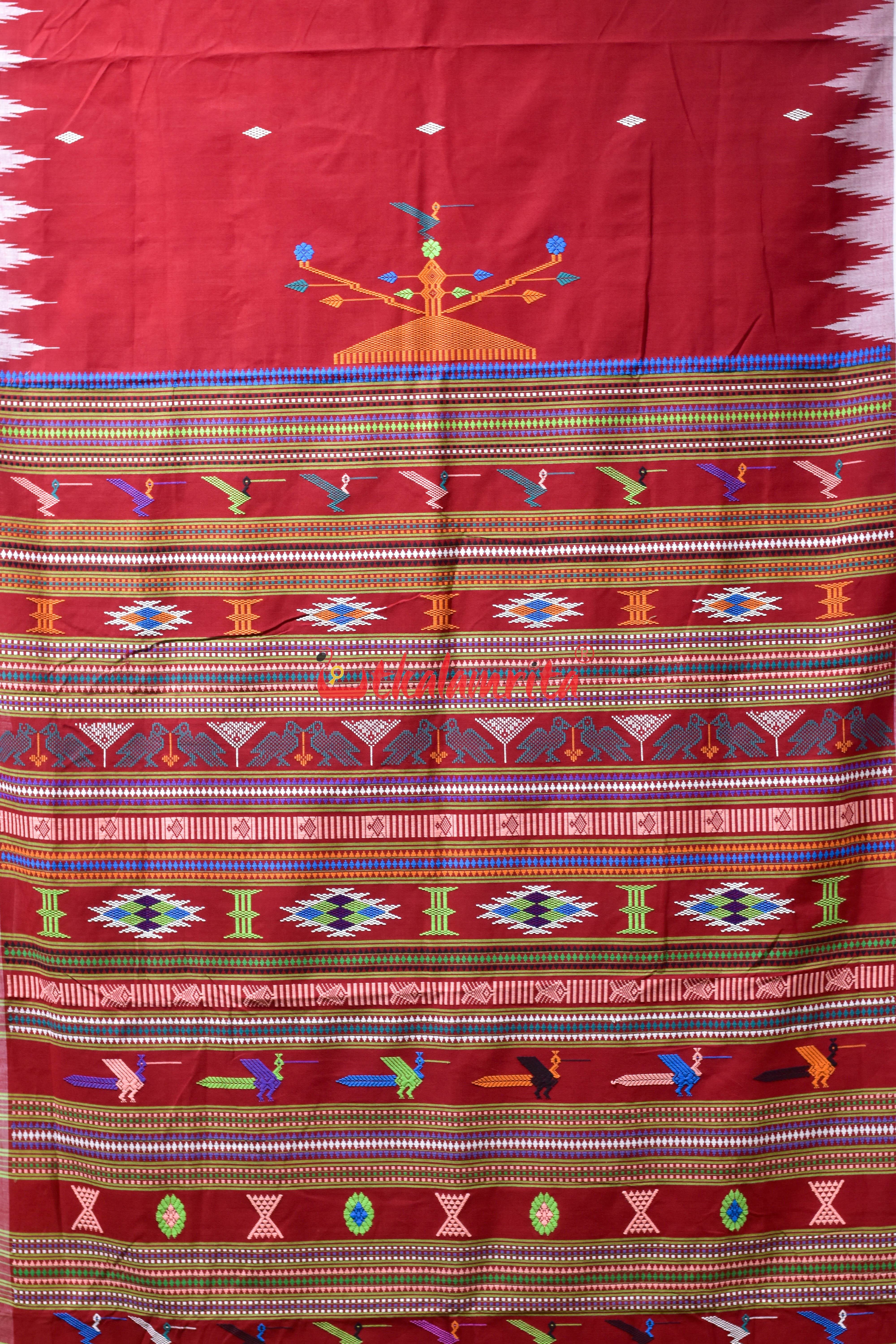 Sindoori Red Fish Border Original Ganjam Bomkai Cotton Saree