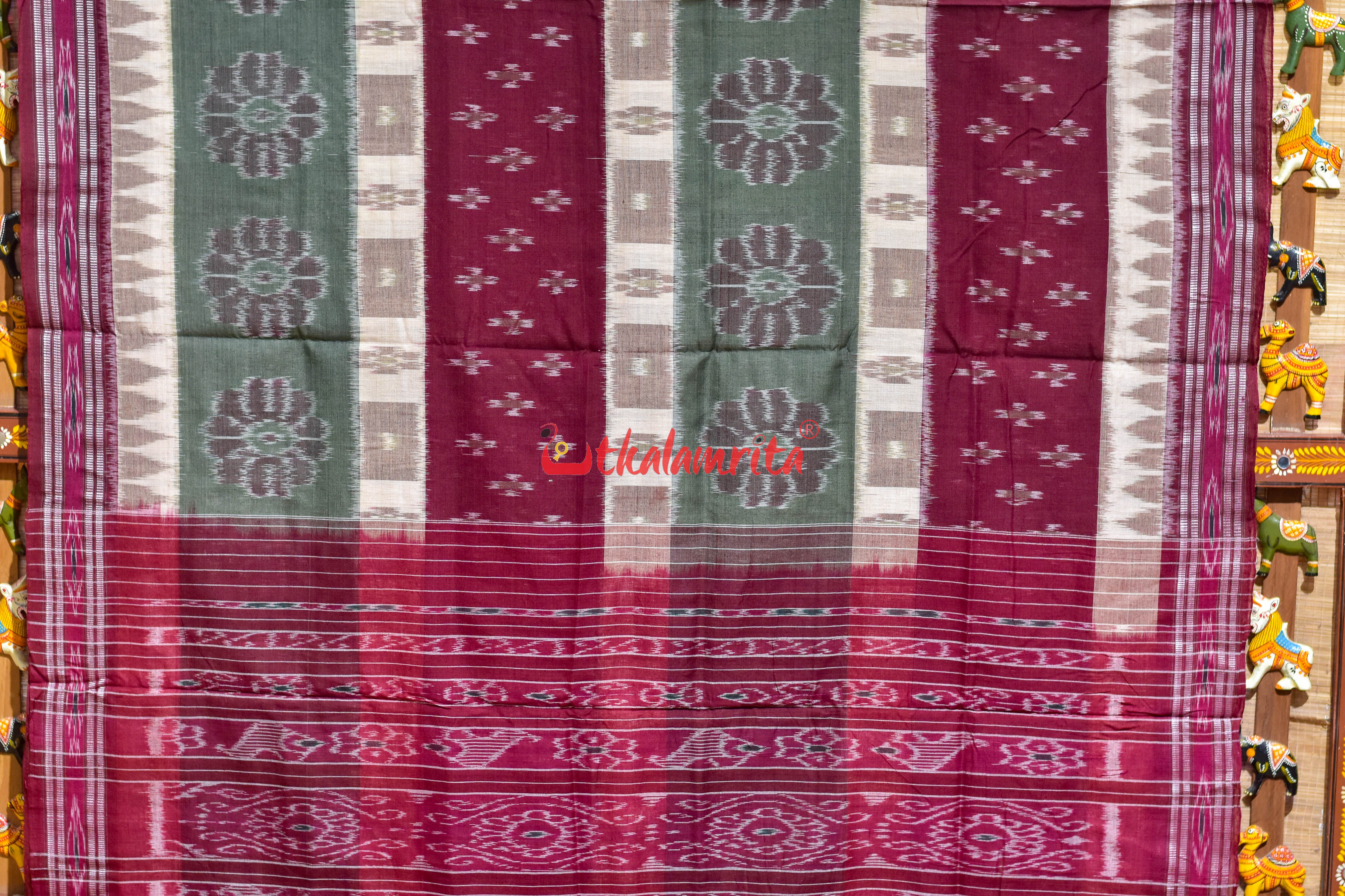 Special 7D Offwhite Maroon Olive Khandua Cotton Saree