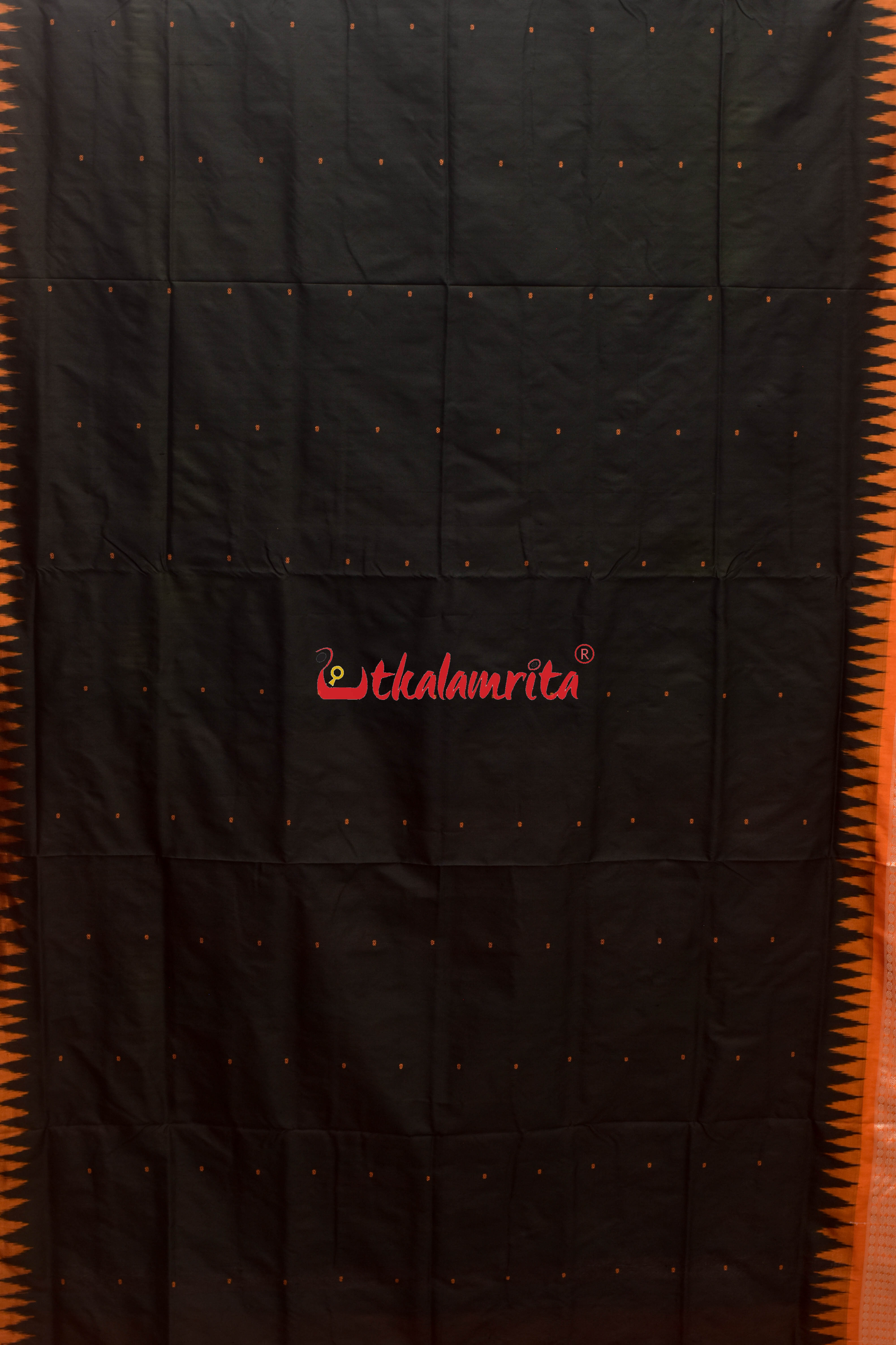 Black Orange Plain Buti Bomkai Silk Saree