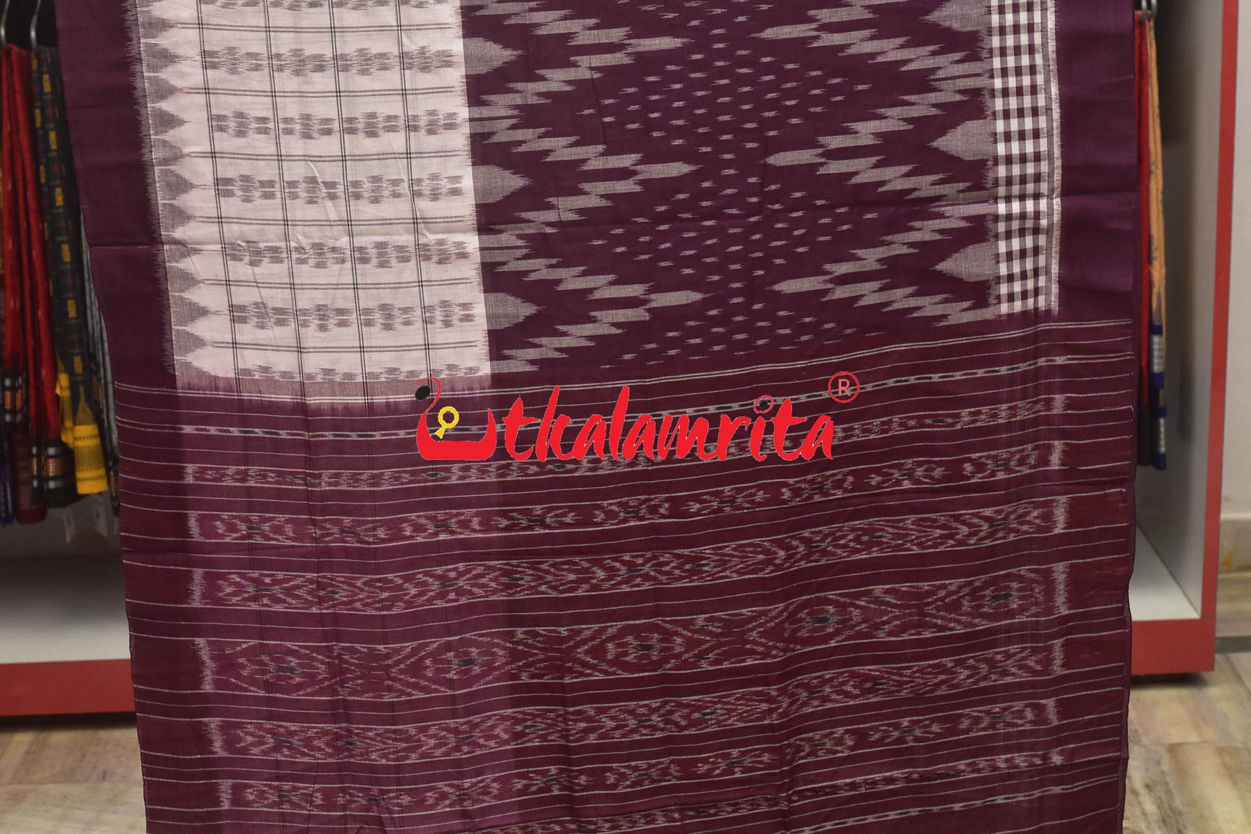 Half Half Grape White Khandua Cotton Checks Saree