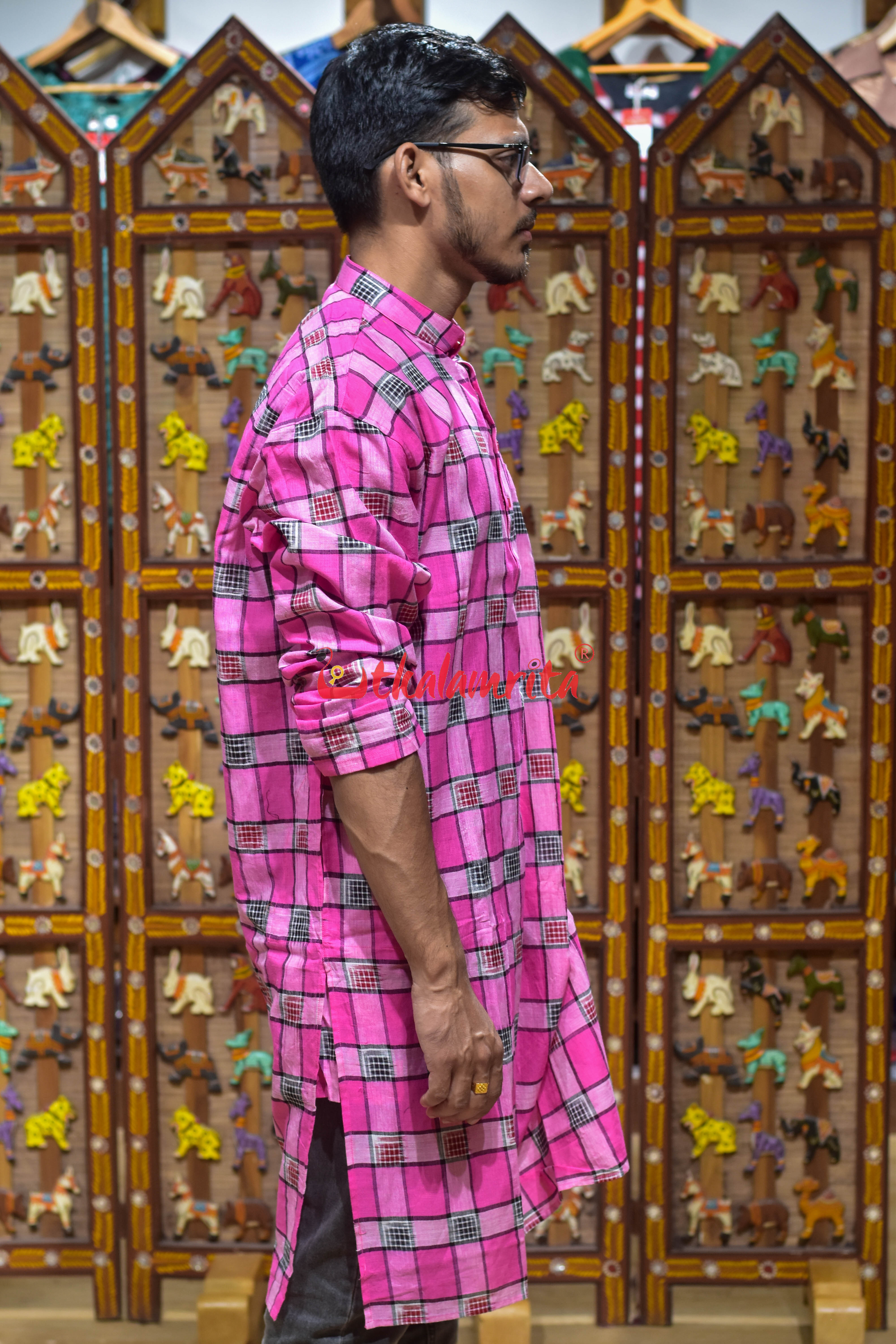 Black Red Pasapali Over Pink (Men's Long Kurta)