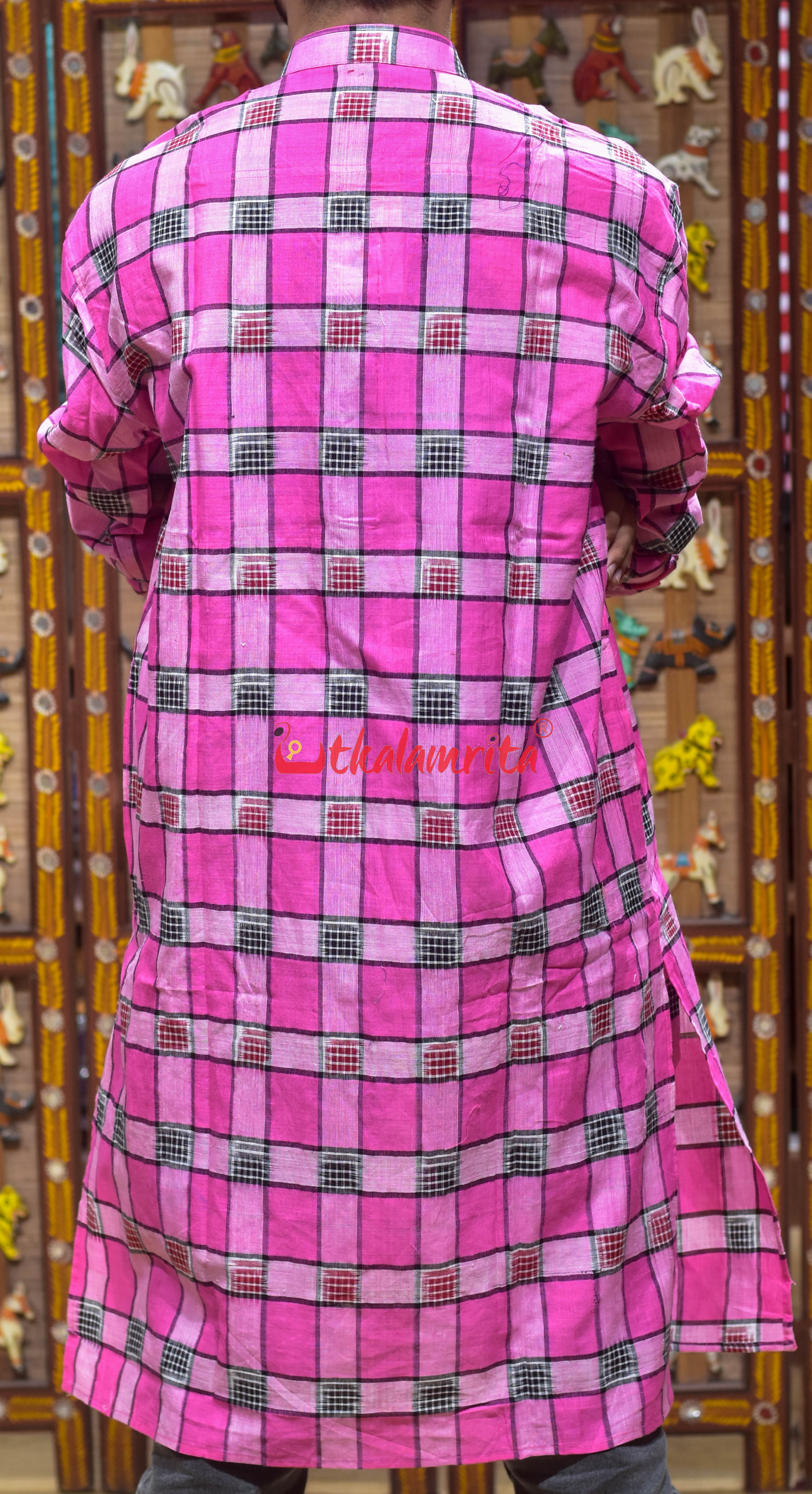 Black Red Pasapali Over Pink (Men's Long Kurta)