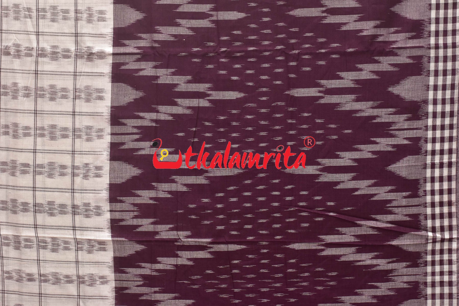 Half Half Grape White Khandua Cotton Checks Saree