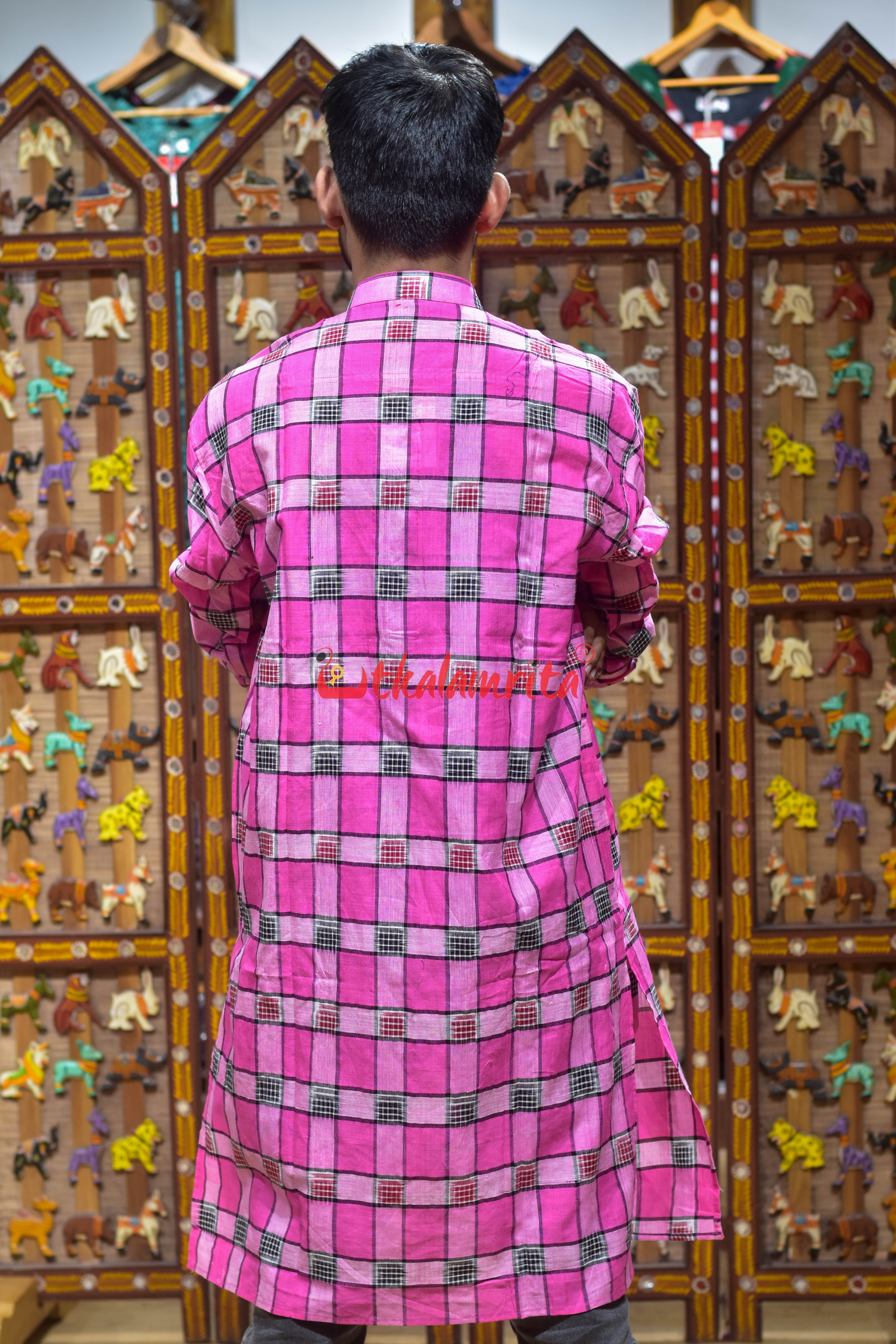 Black Red Pasapali Over Pink (Men's Long Kurta)