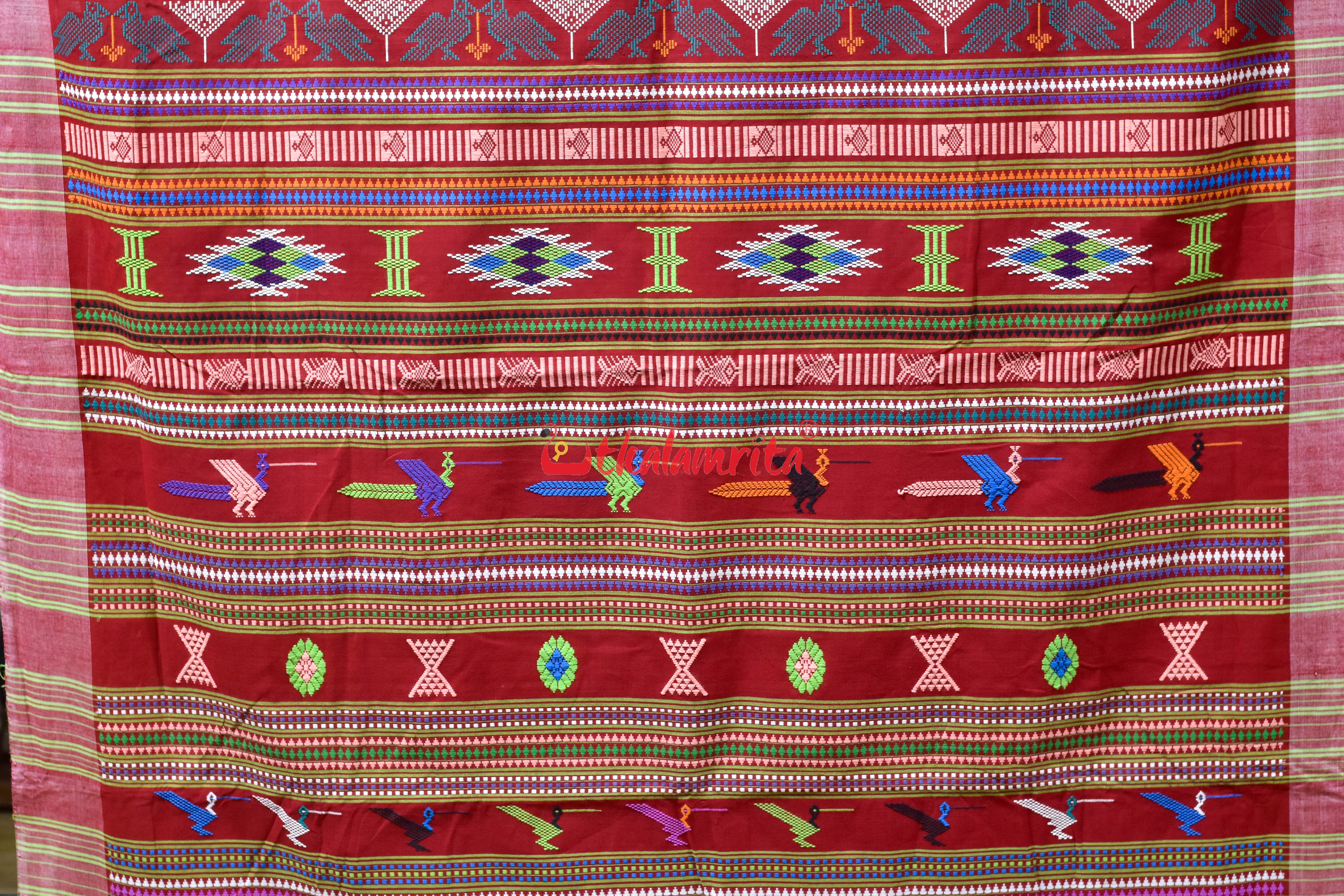 Sindoori Red Fish Border Original Ganjam Bomkai Cotton Saree