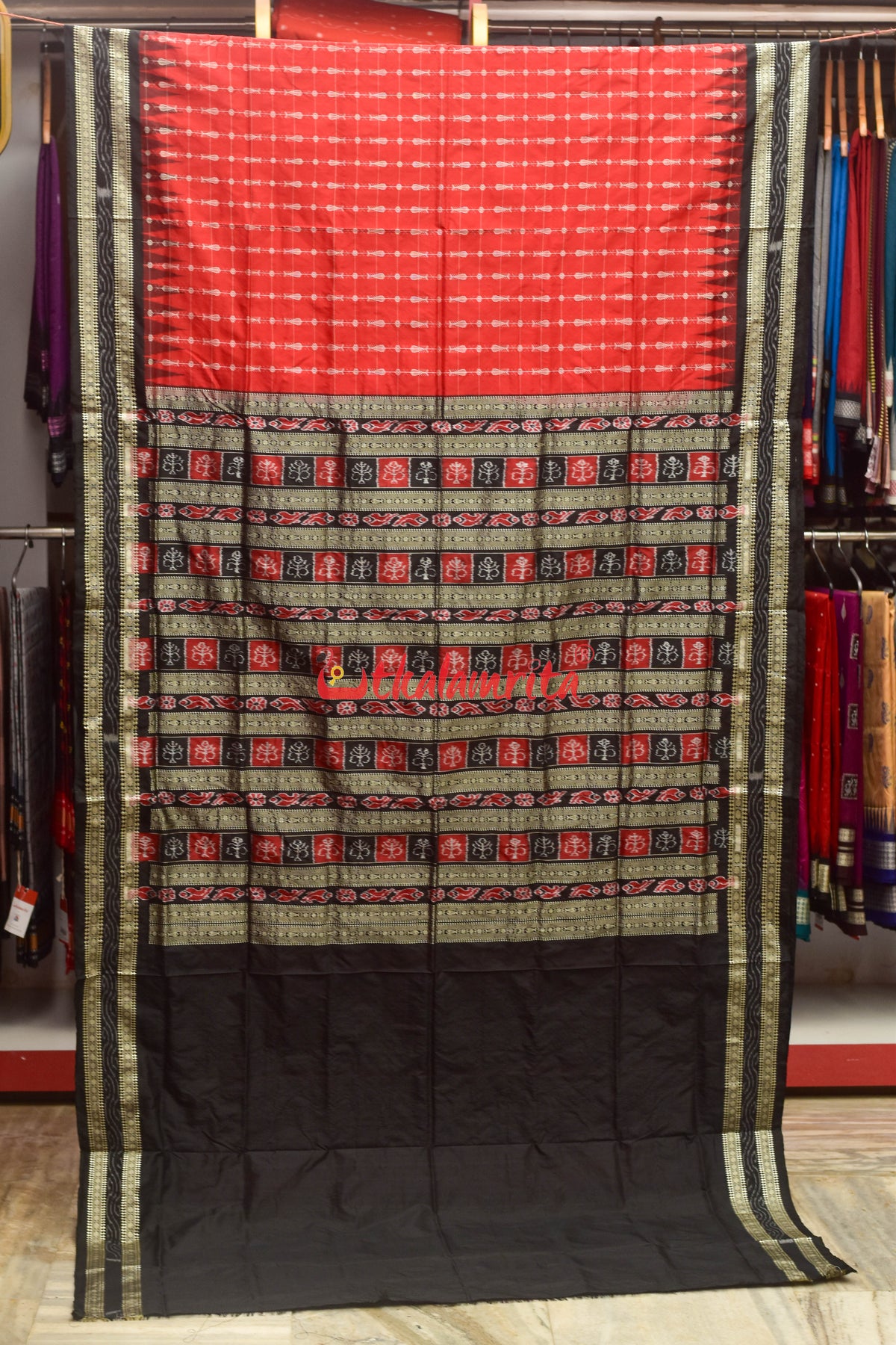 Hazar Buti Red Black Bomkai Silk Saree
