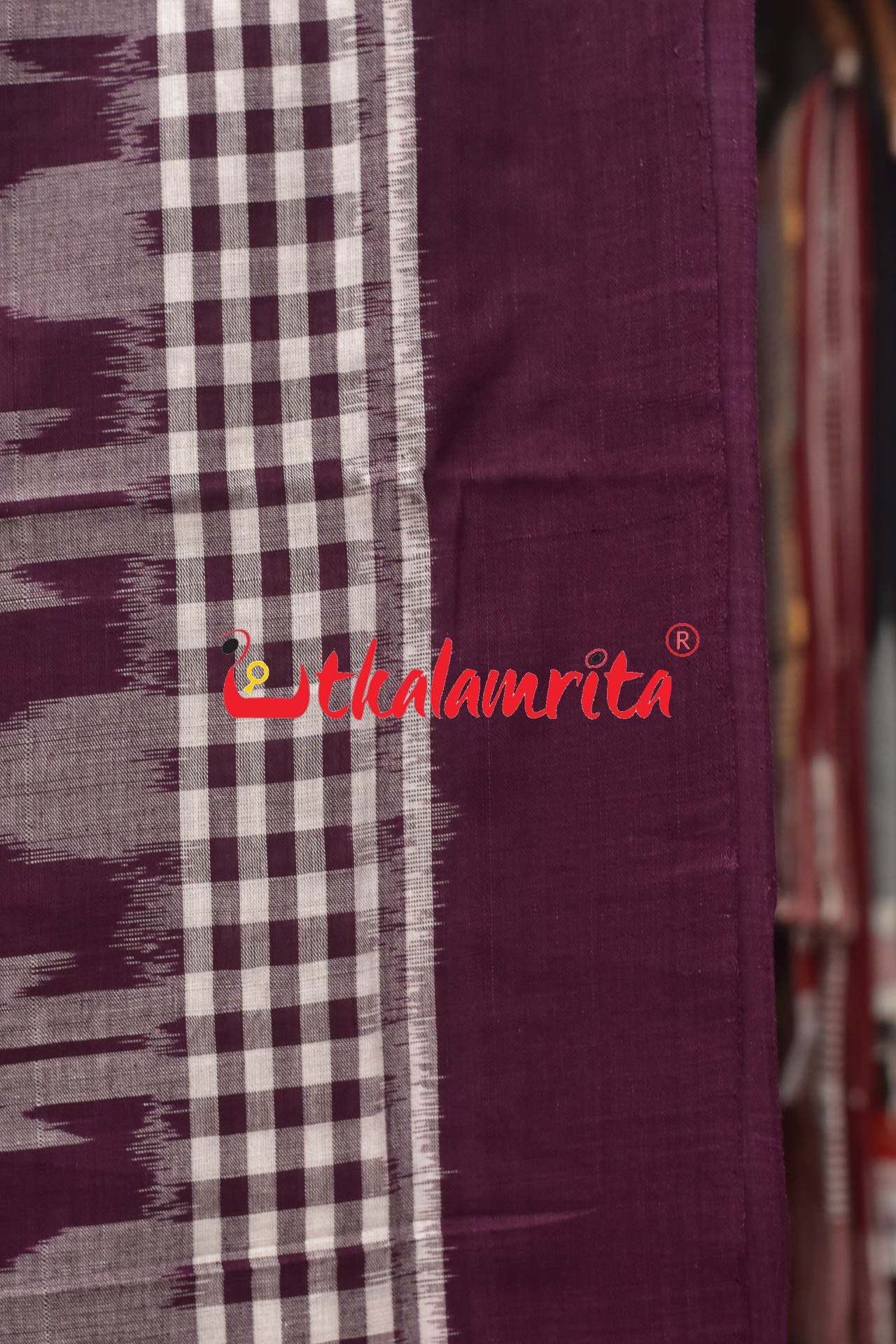 Half Half Grape White Khandua Cotton Checks Saree